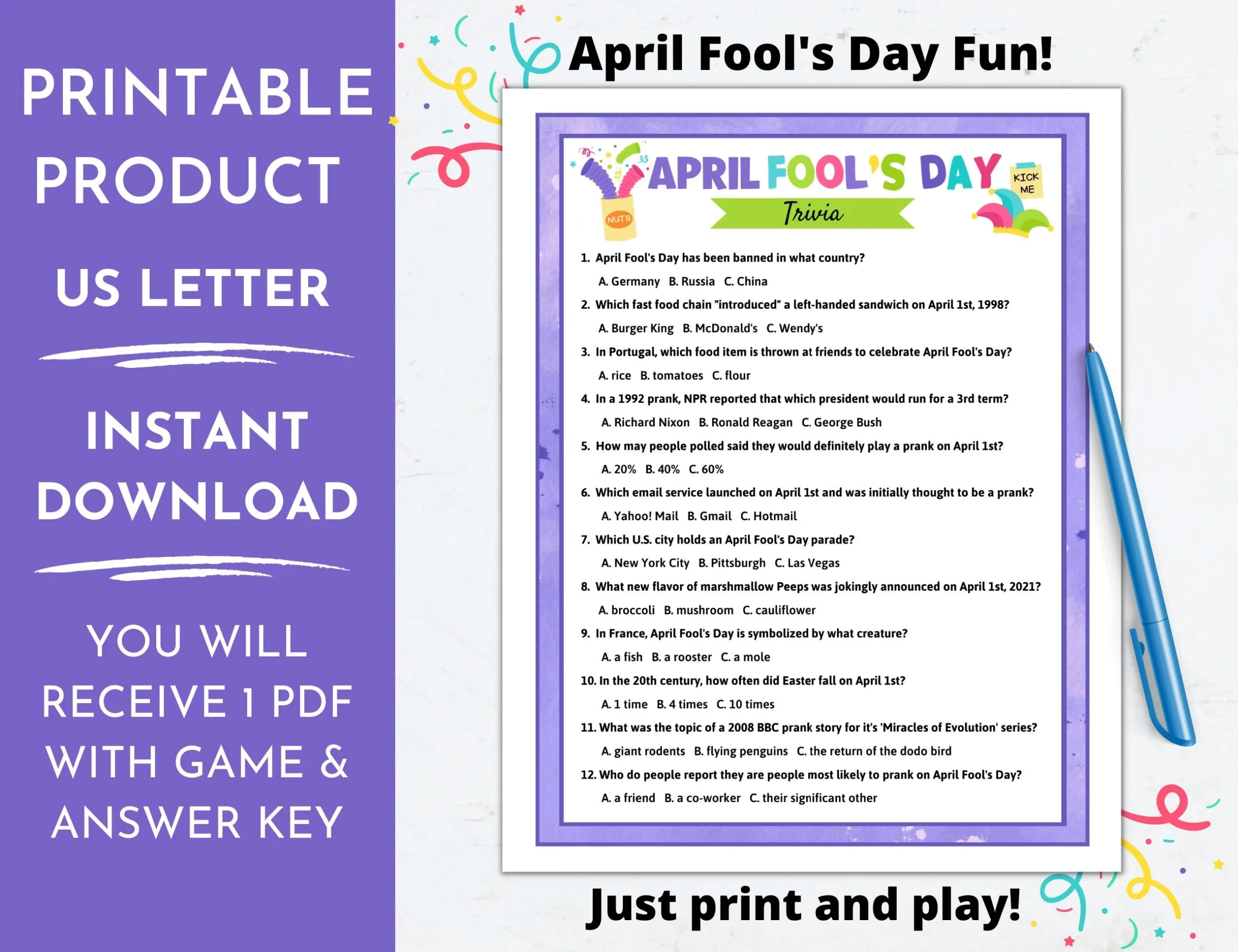 April Fools Day Trivia Game Printable April Fool s Trivia Questions Quiz Family Party Game Night Etsy