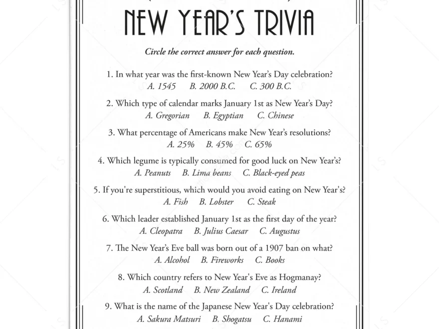 Art Deco New Year s Eve Trivia Quiz With Answers Printable Great Gatsby Theme LittleSizzle