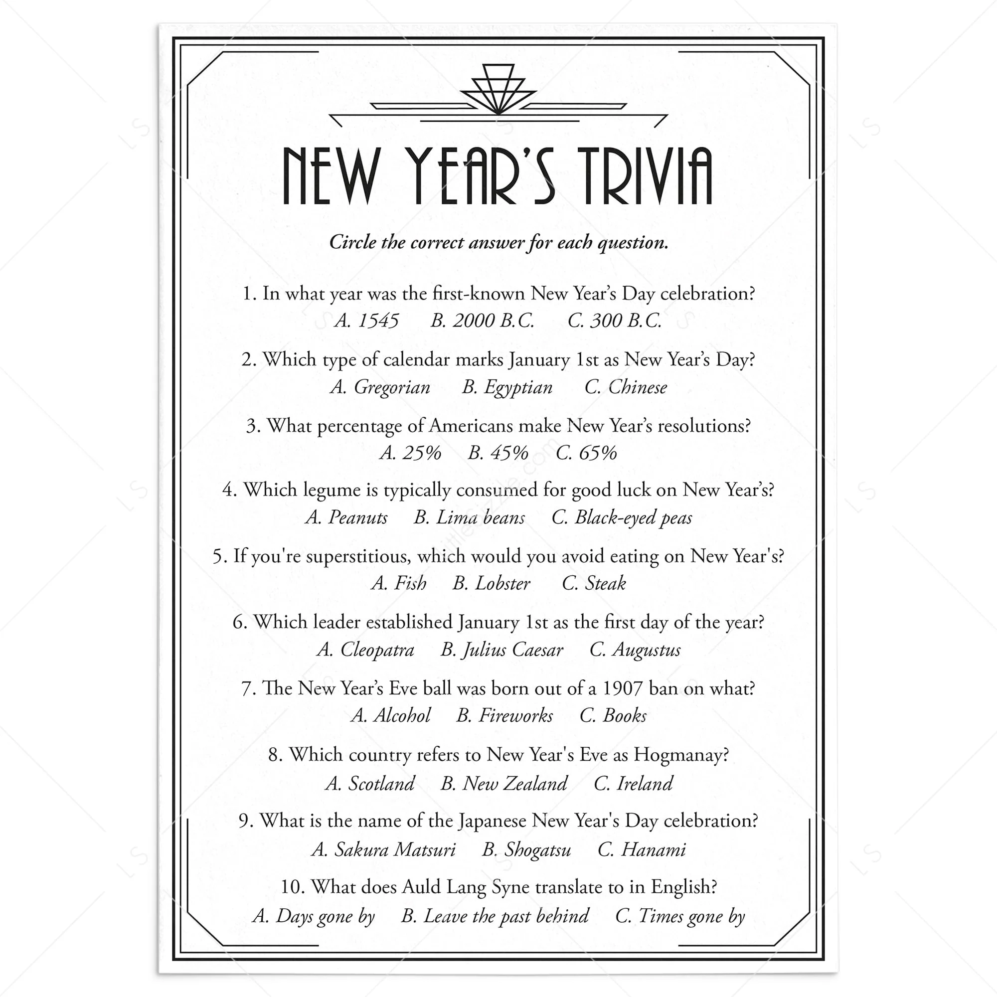 Art Deco New Year s Eve Trivia Quiz With Answers Printable Great Gatsby Theme LittleSizzle