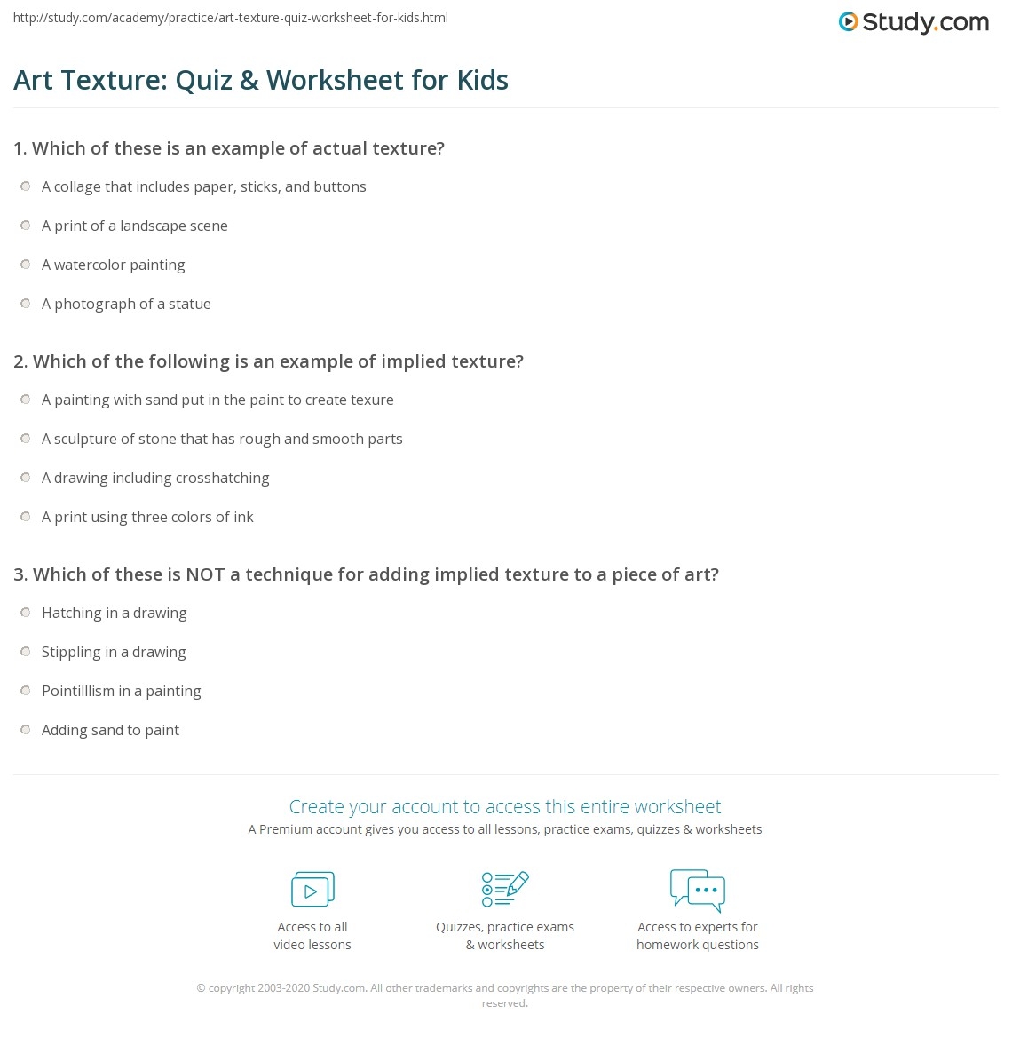 Art Texture Quiz Worksheet For Kids Study