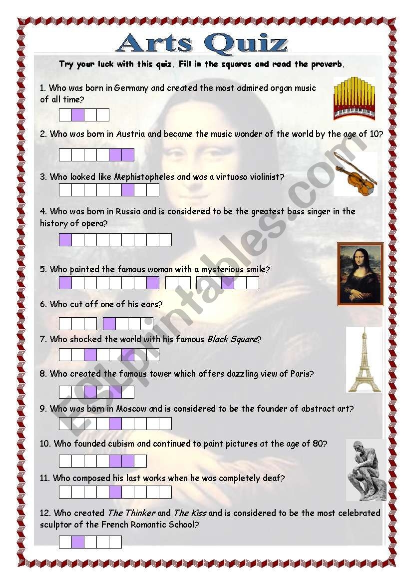 Arts Quiz ESL Worksheet By Romanova Worksheets Library