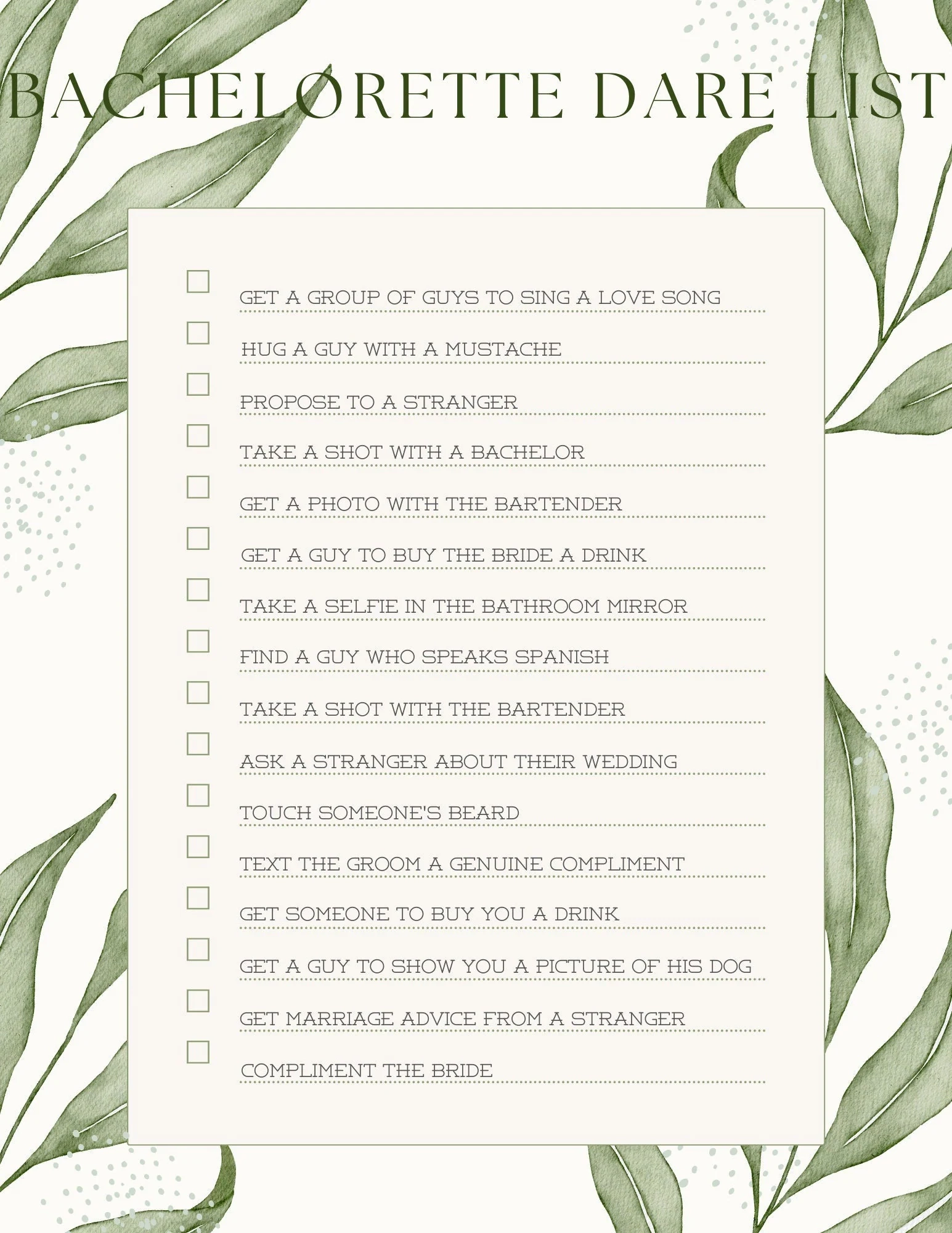 Bachelorette Dare List For A Fun Night Out With The Girls Etsy