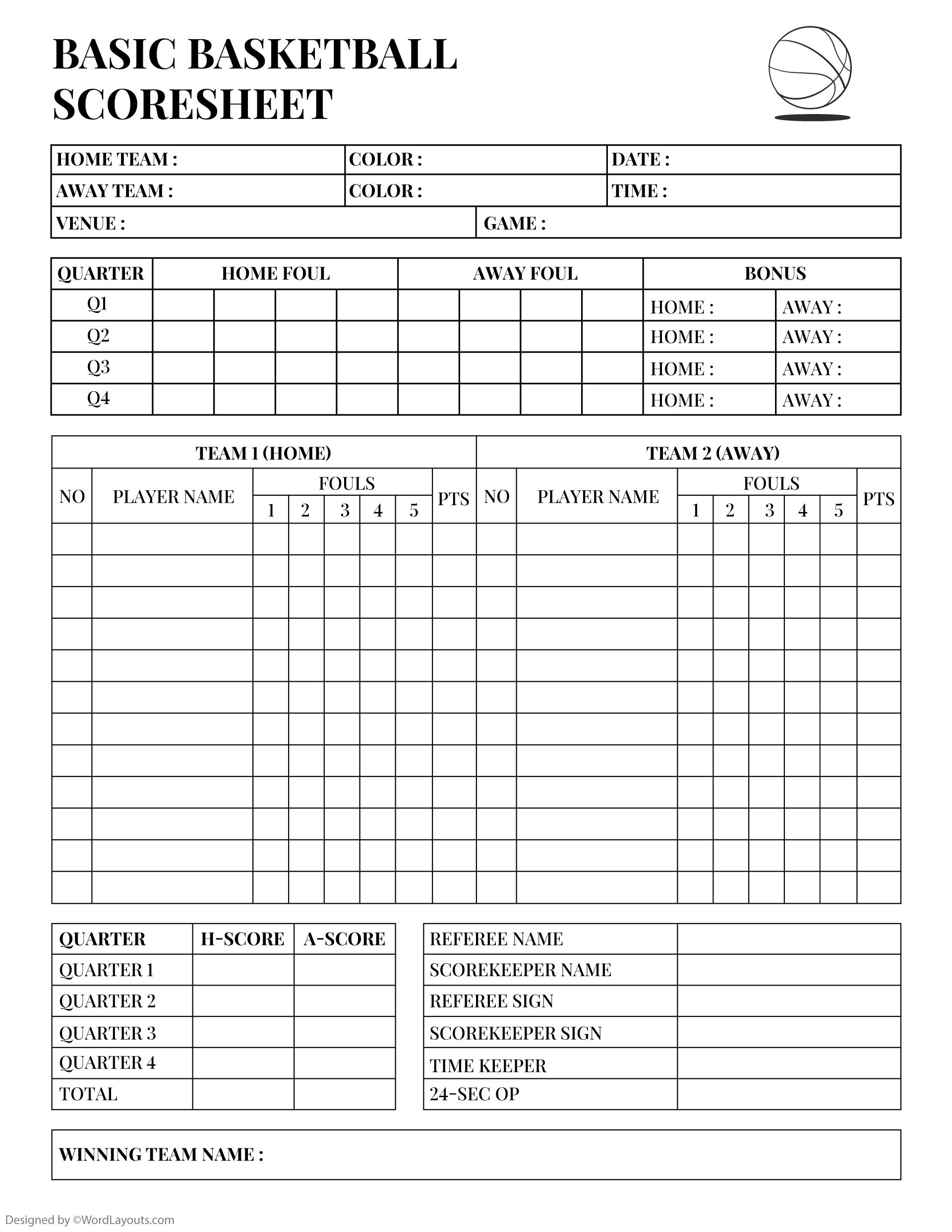 Printable Score Sheet Basketball