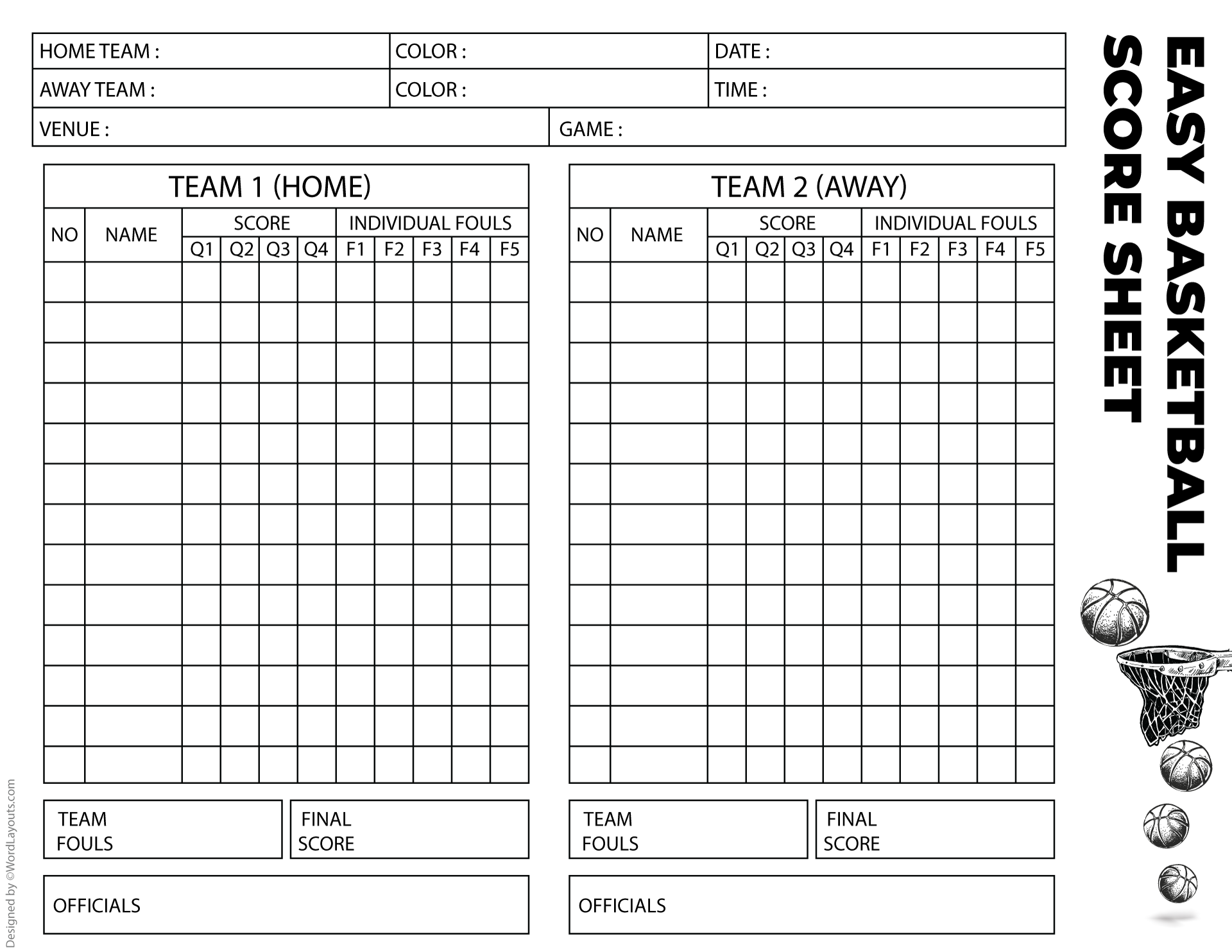 Printable Score Sheet For Youth Basketball