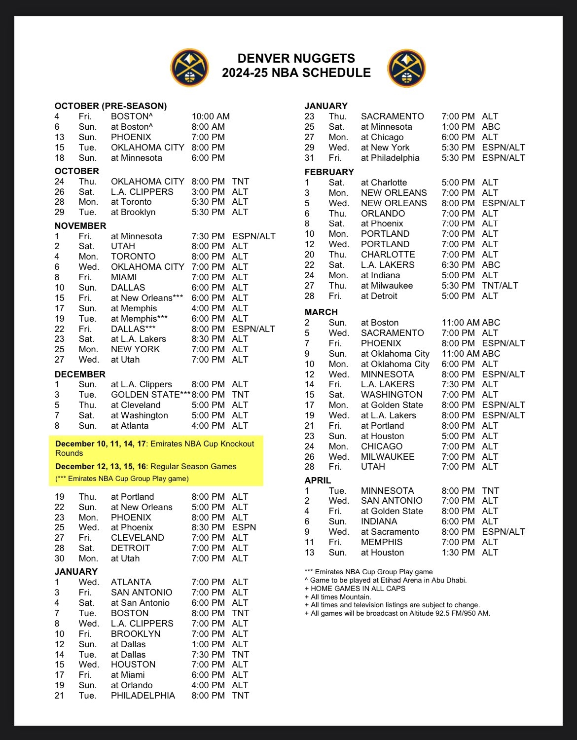 Printable Denver Nugget Schedule