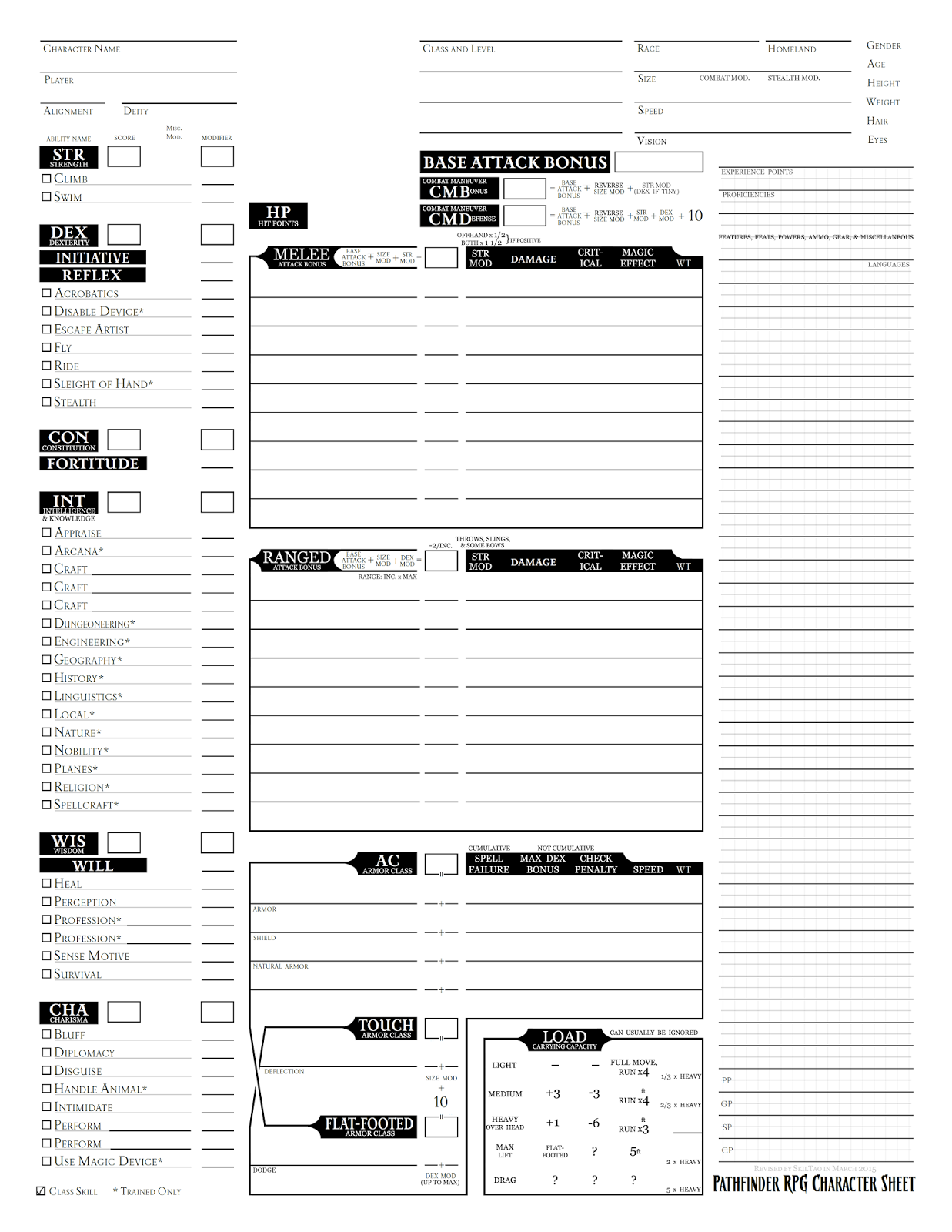 Printable Pathfinder Character Sheet Gestalt