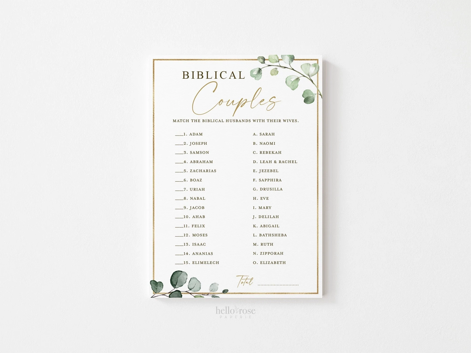 Biblical Bible Couples Printable Bridal Shower Wedding Game Famous Couples Quiz Greenery And Gold Instant Download G2 Etsy