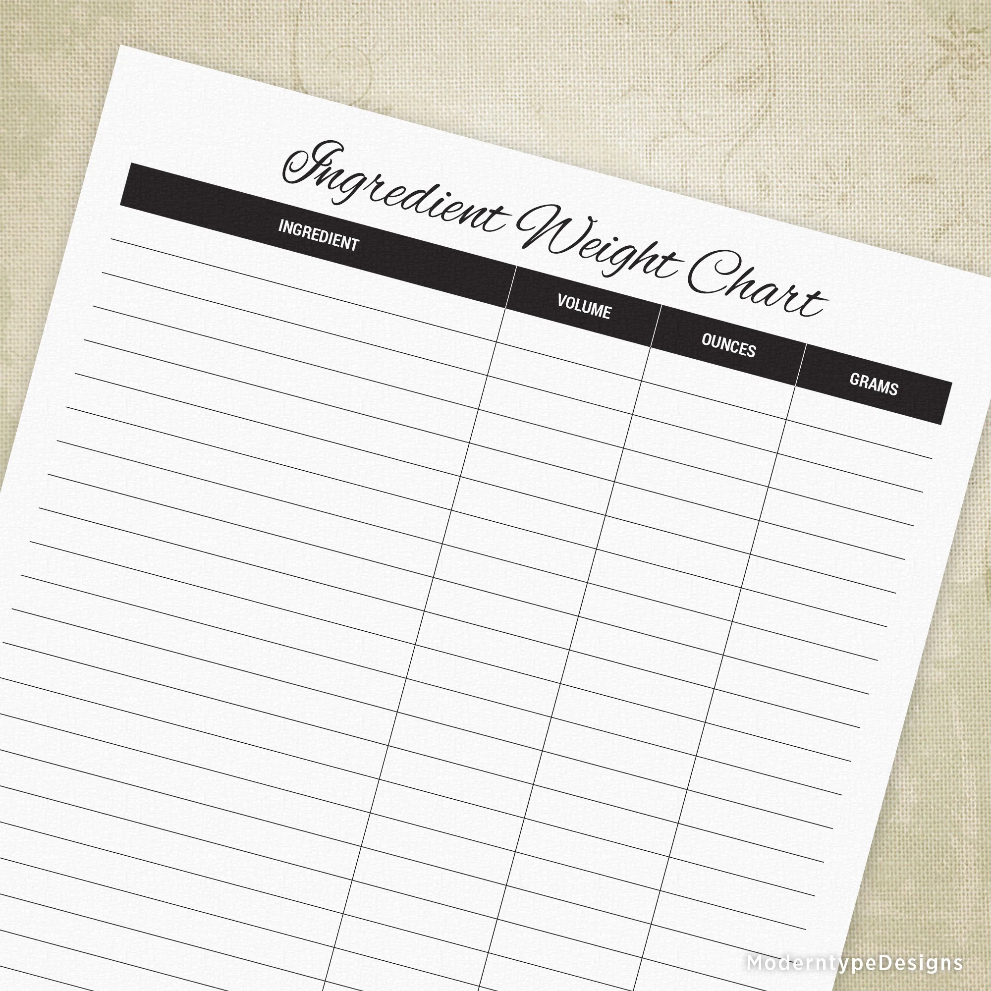 Printable Ingredient Weight Chart