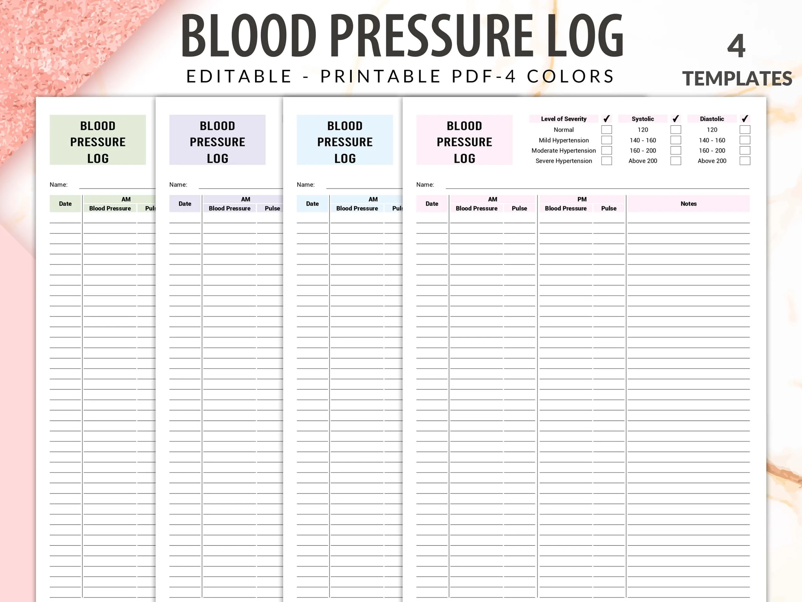 Blood Pressure Log Editable Printable Monthly Blood Pressure Tracker Blood Pressure Log Book Printable High Blood Pressure Tracker Etsy