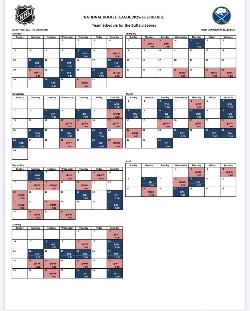 Printable Sabres Schedule 2025-26