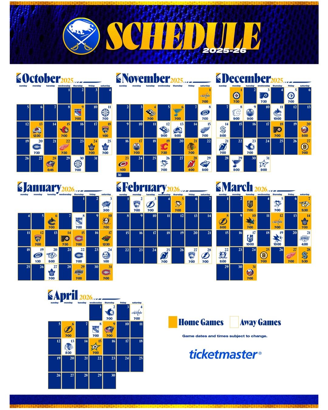 Buffalo Sabres 2025 2026 Full Schedule R sabres