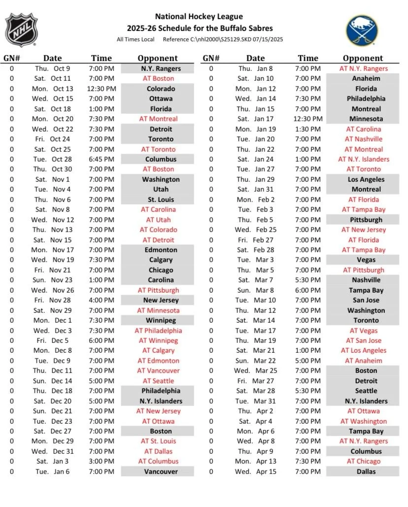 Buffalo Sabres 2025 2026 Full Schedule R sabres