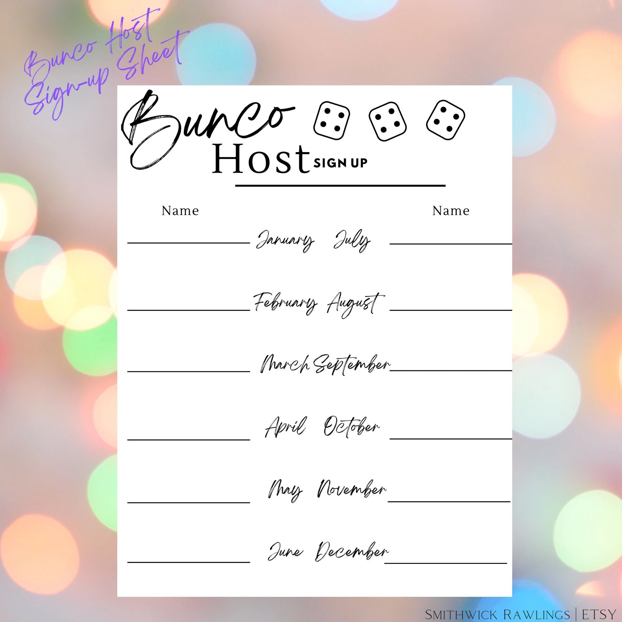 BUNCO Printable Sign up Sheet Host Sign up Bunco Sign up Instant Download Bunco Quick Black And White Etsy