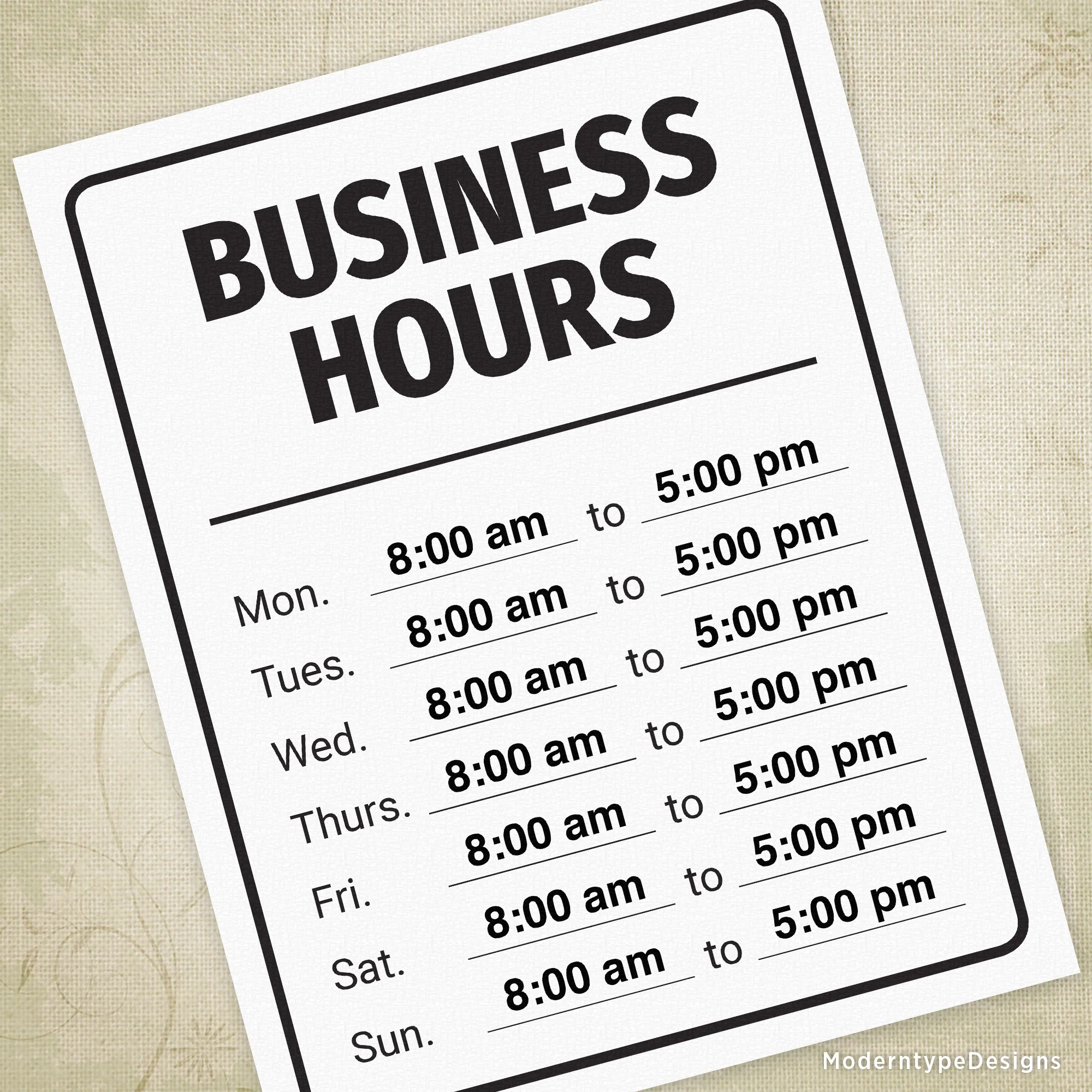 Business Hours Printable Sign Editable