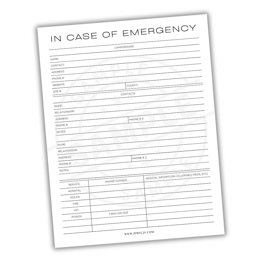 Campground In Case Of Emergency Sheet Printable PDF Safety Planning Printable Pages By CJY