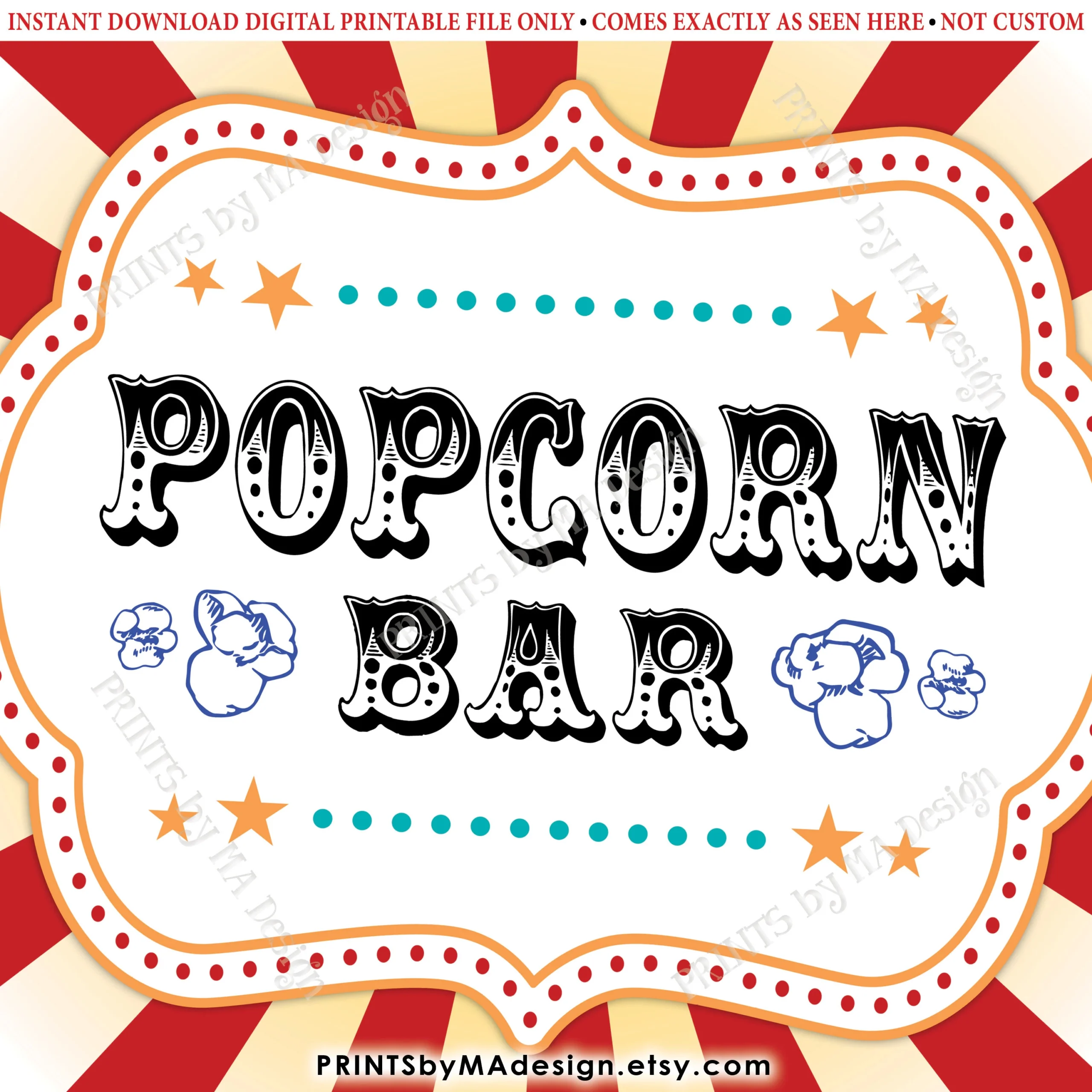 Carnival Popcorn Bar Sign Circus Popcorn Station Carnival Theme Birthday Treat Food PRINTABLE 8x10 16x20 Carnival Popcorn Sign