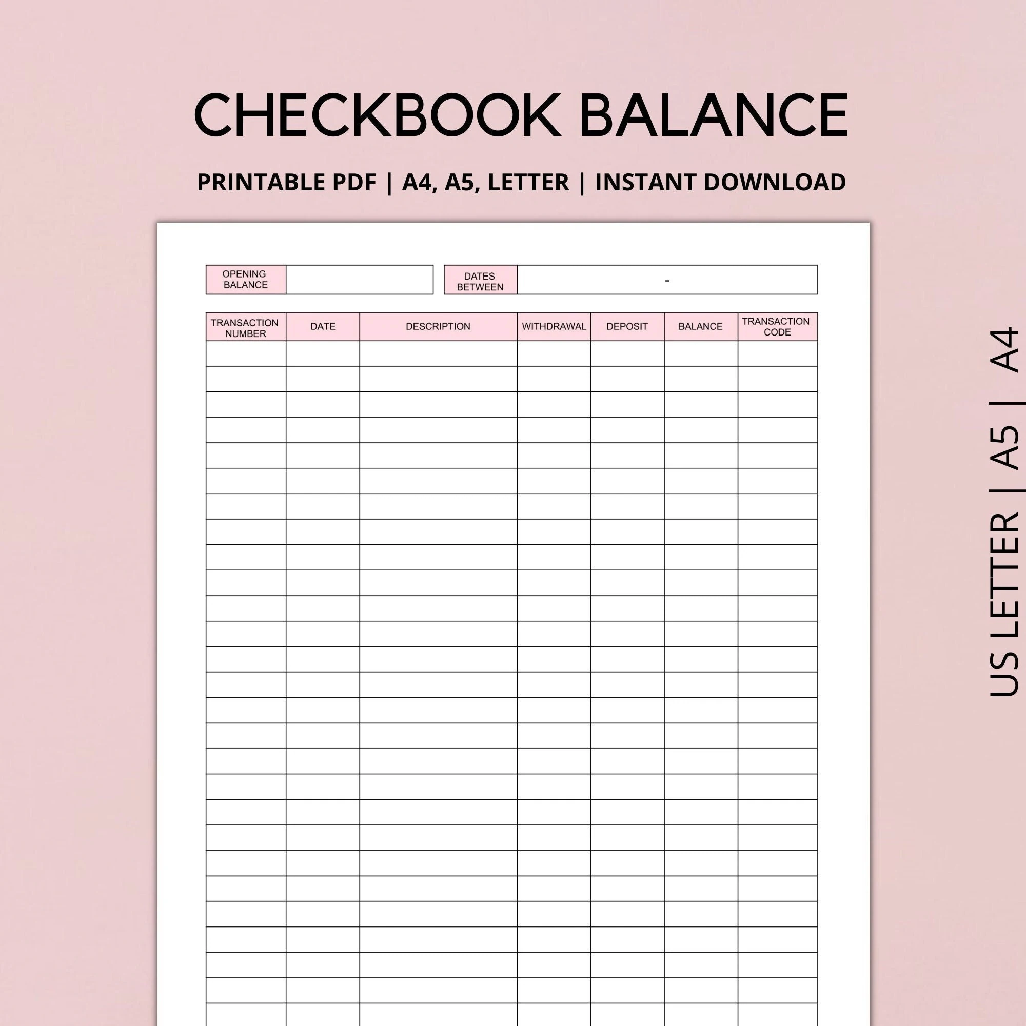 Checkbook Balance Log Printable Checkbook Register Check Register Transaction Register Income And Expense Tracker A4 LETTER A5 PDF Etsy