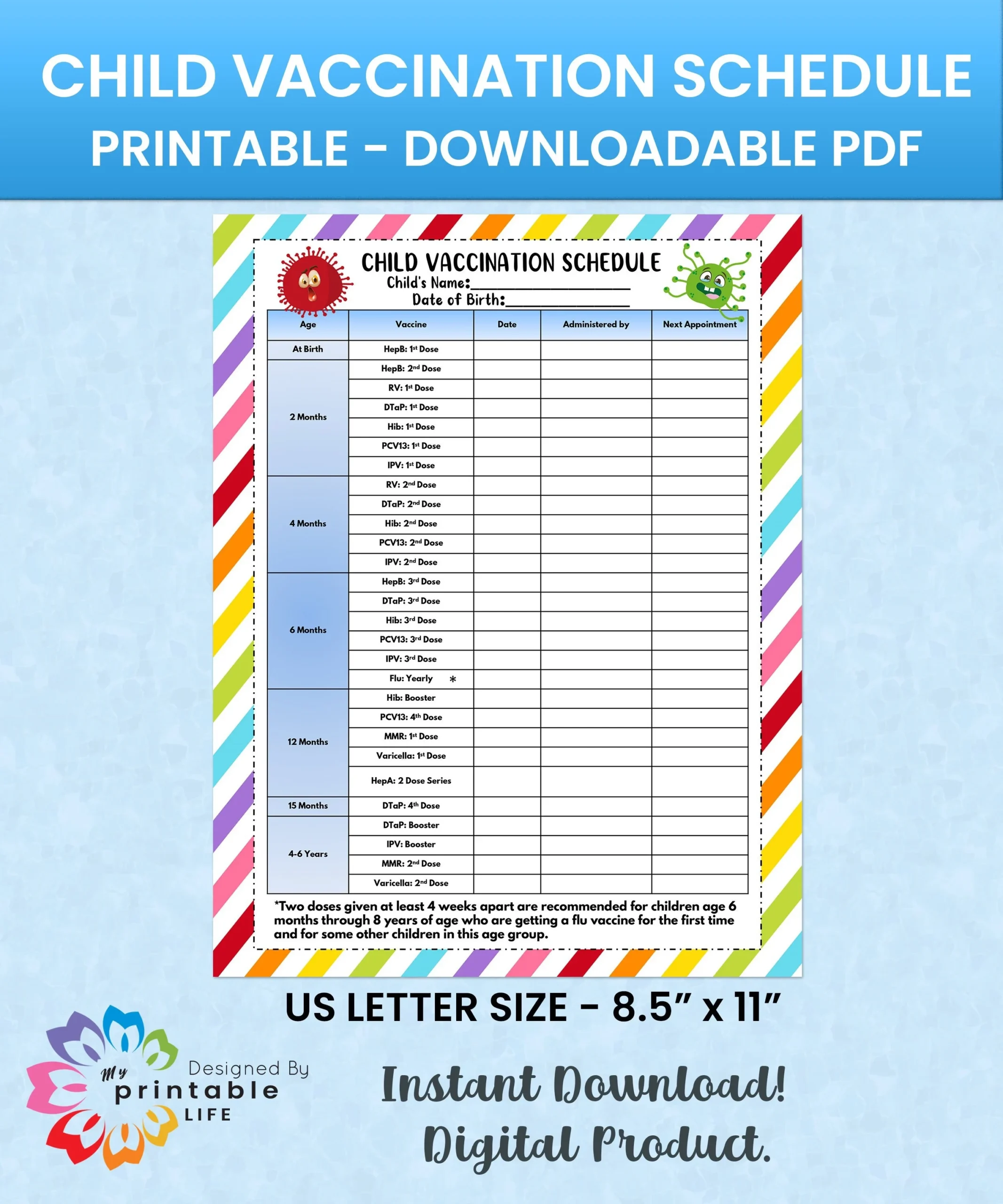 Child Vaccination Schedule Printable Immunization Record Vaccine Chart Instant Download PDF Household Binder Planner Insert Sheet Etsy