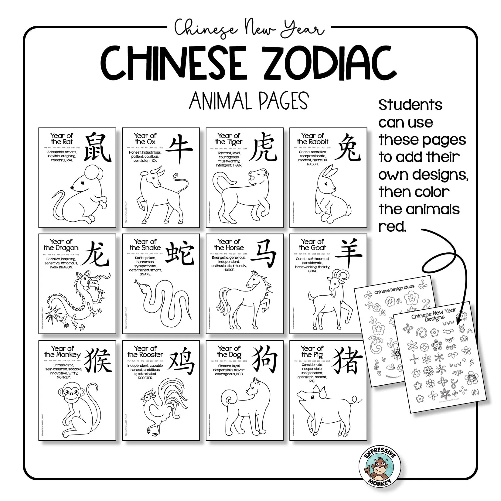 Chinese Zodiac Animals Coloring Pages