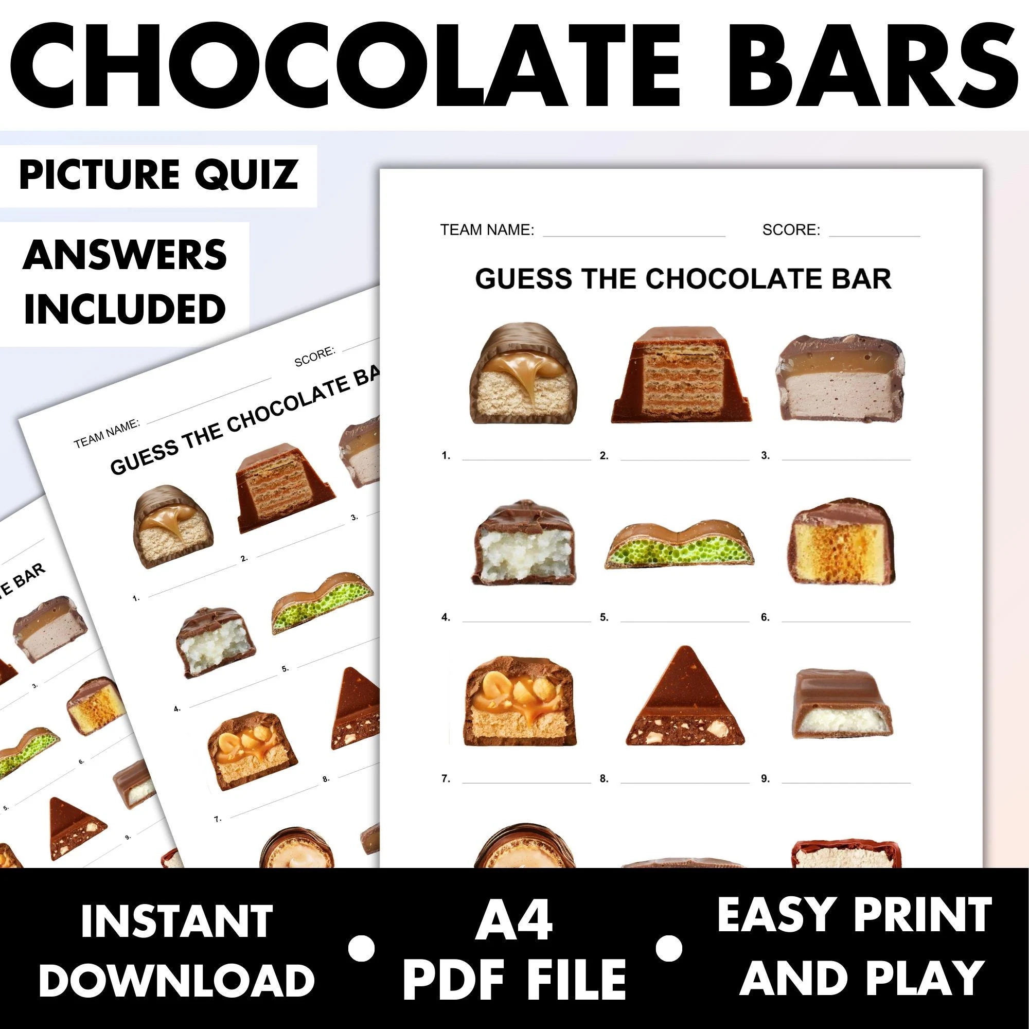 Chocolate Bars Picture Quiz Guess Chocolates Pub Quiz Picture Round British American Sweets Trivia Print And Play Printable Game Etsy