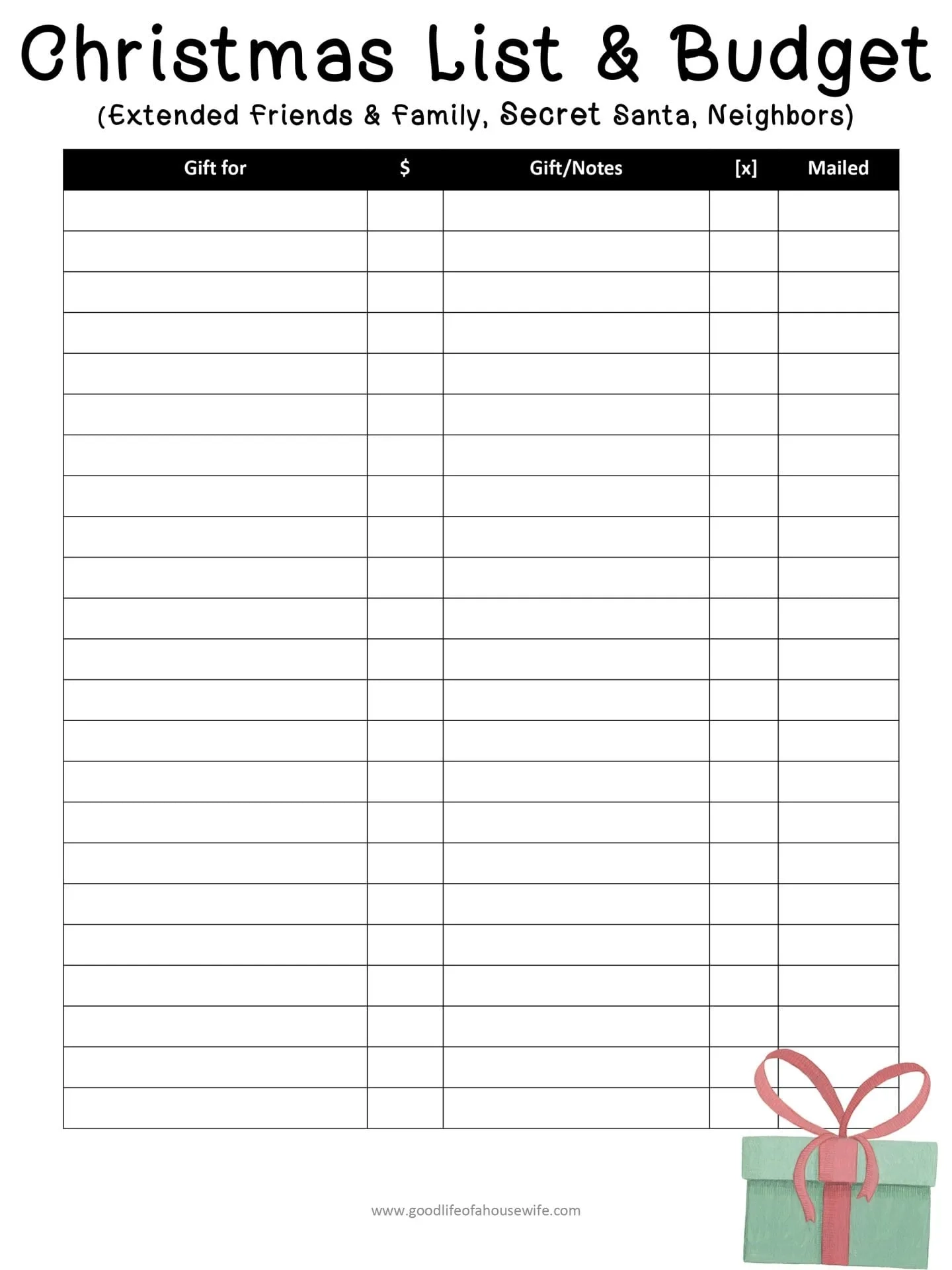 Christmas Budget List Printable
