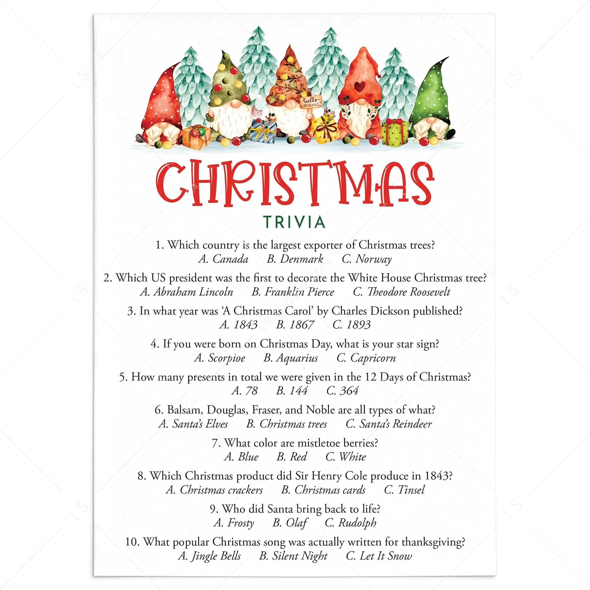 Christmas Trivia Printable For Kids