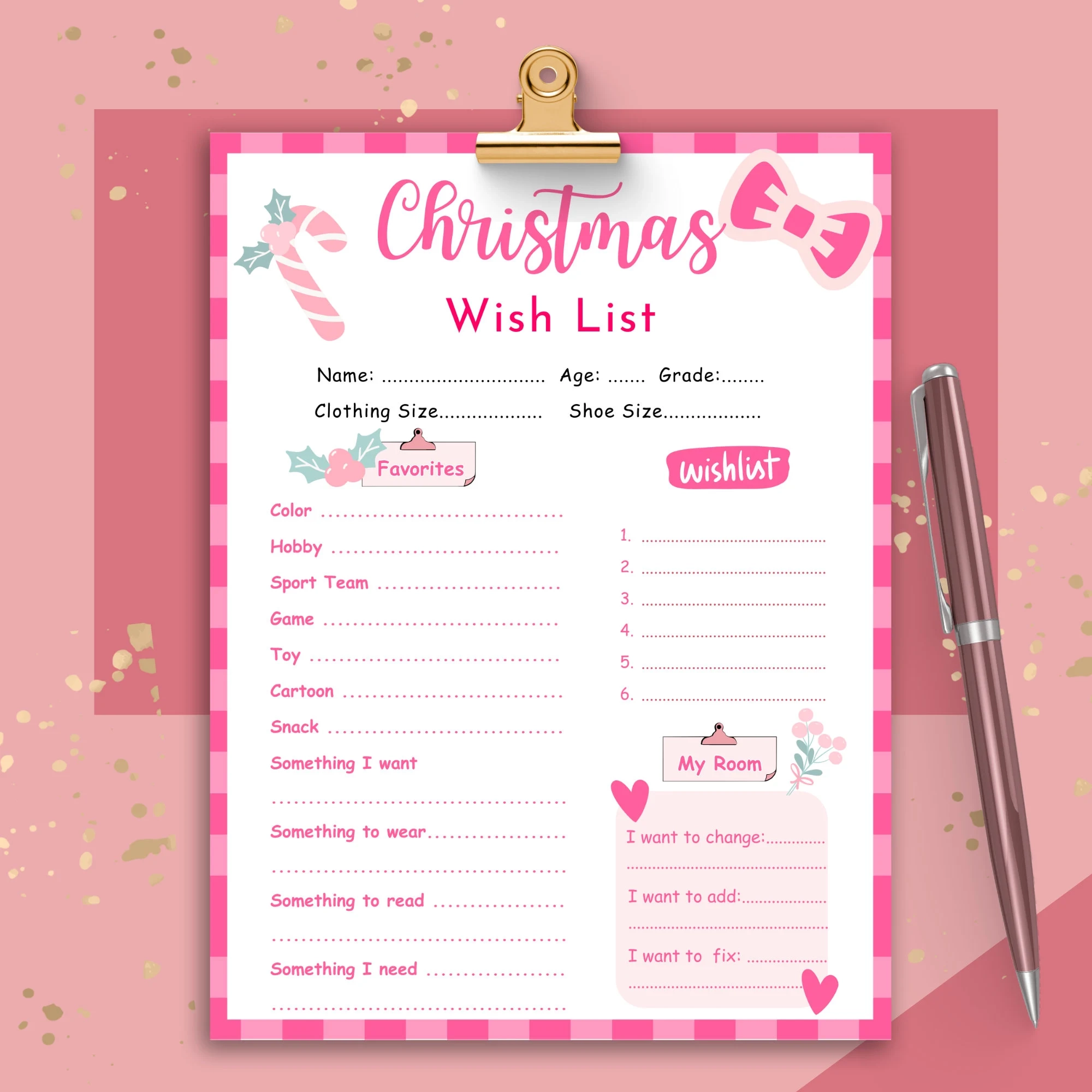 Christmas Wish List Printable Kids Christmas List Template Girls Xmas Wishlist Pink Letter To Santa Secret Santa Questionnaires PDF Etsy