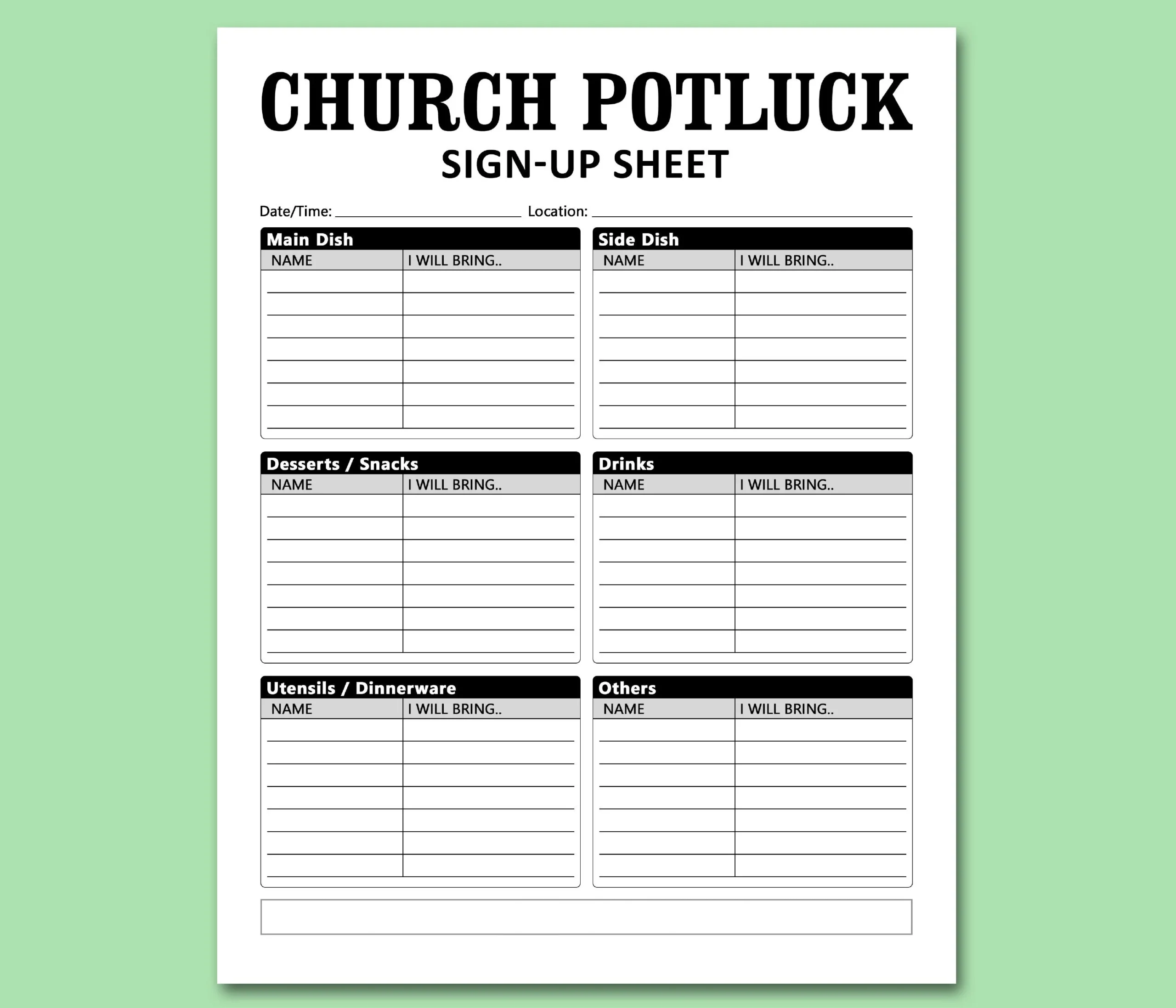 Free Church Potluck Signup Printable Sheet