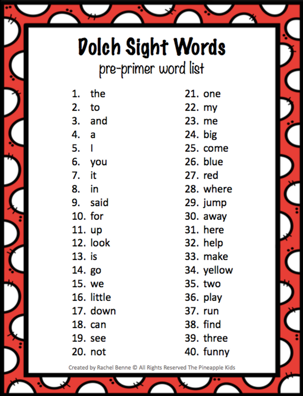 Pre Primer Sight Word List Printable Pre Primer Sight Word List Printable