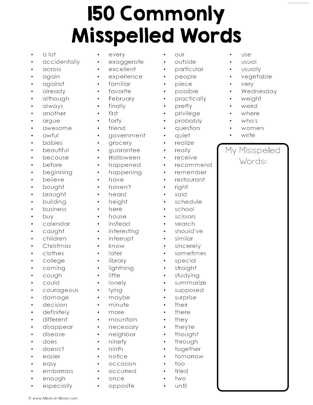Easily Mispelled Words List Printable