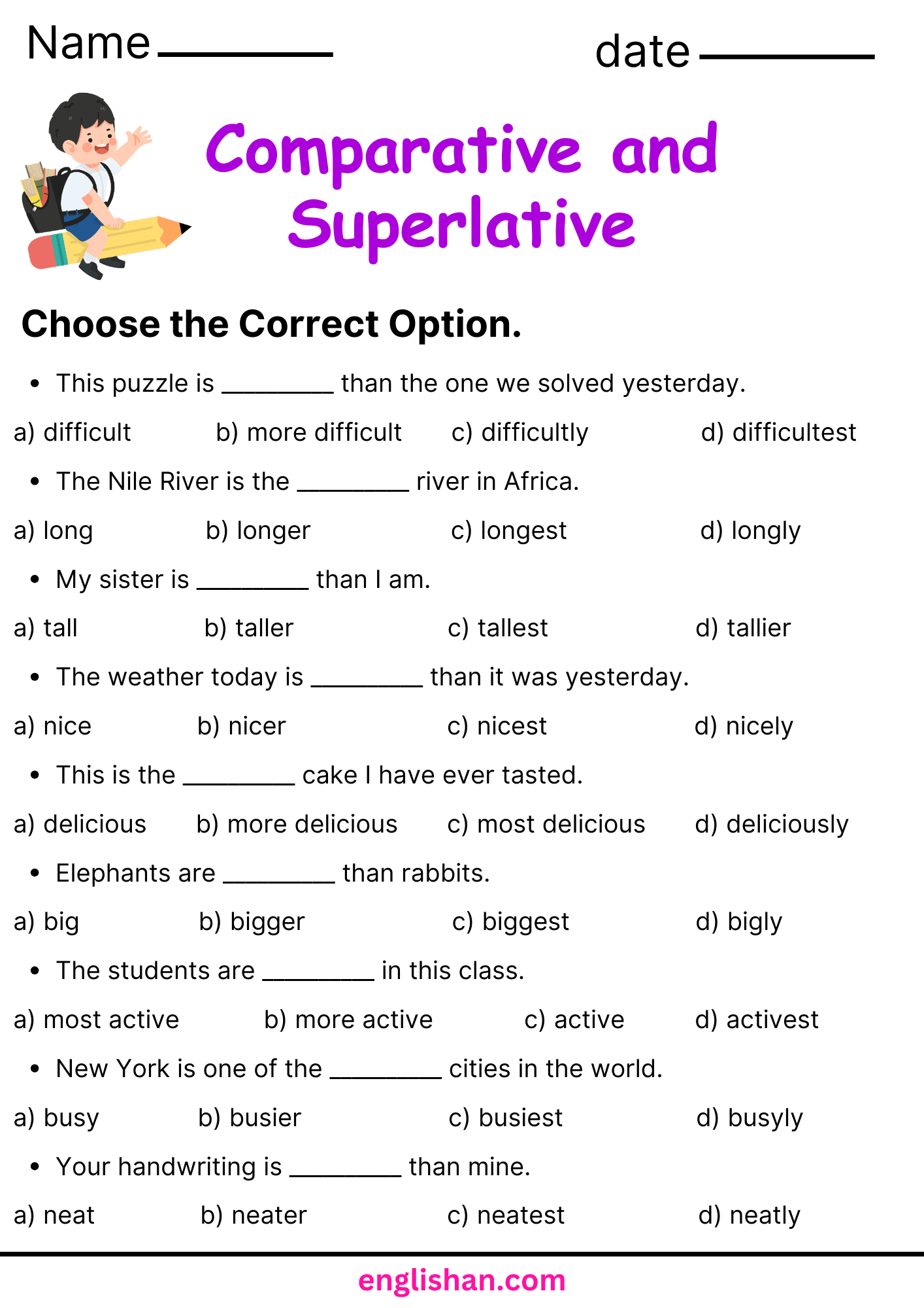 Comparative And Superlative Worksheets And Exercises
