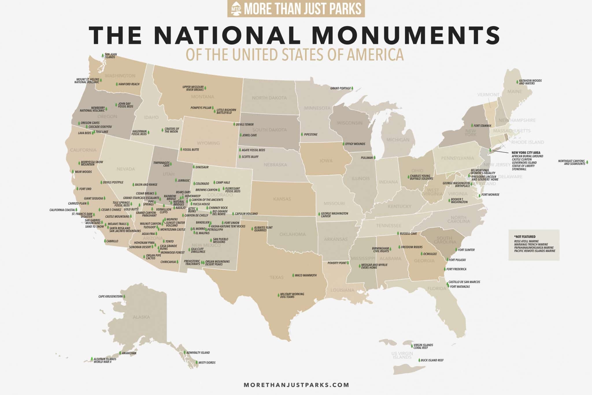 COMPLETE List Of National Monuments Printable Map By State 
