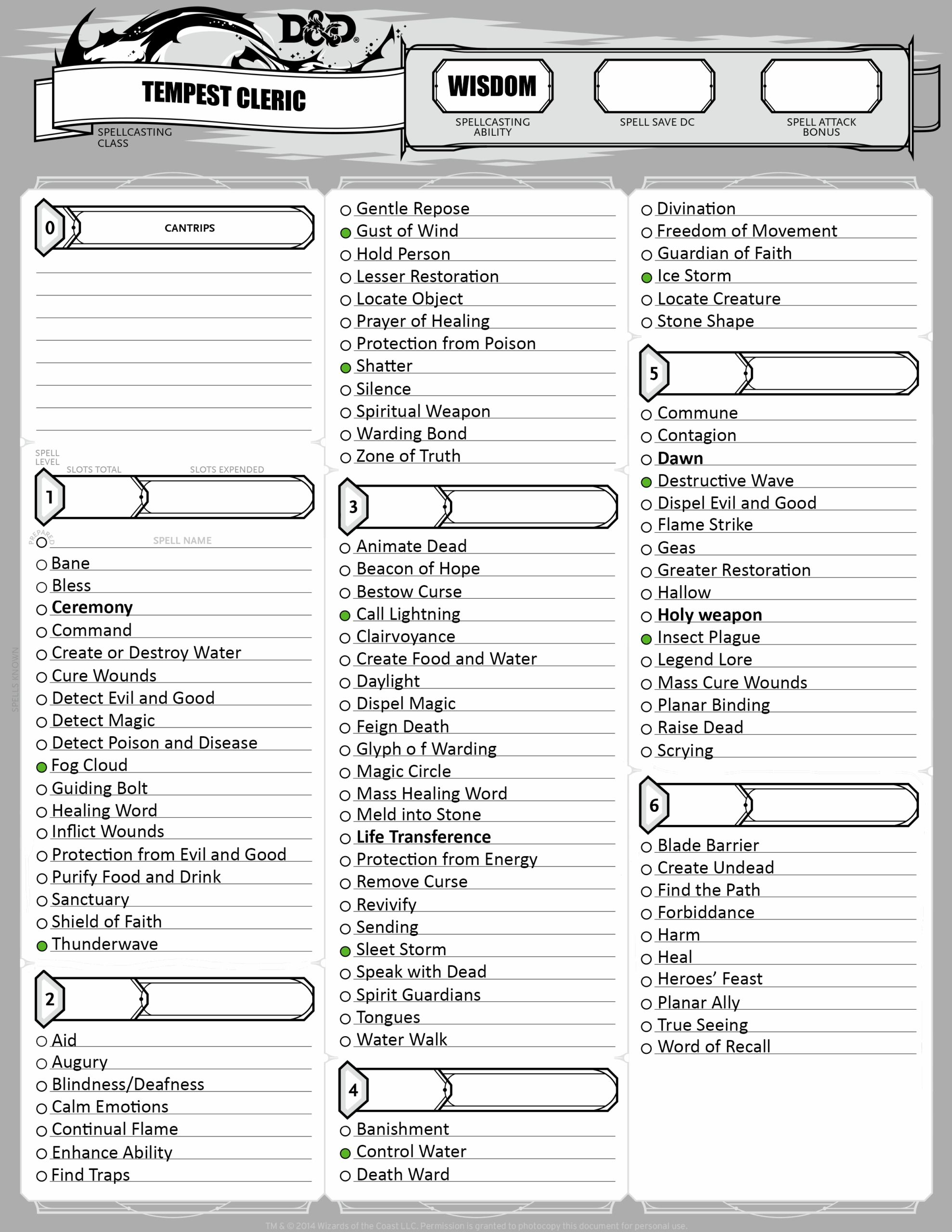 Created A Spell Sheet For Tempest Cleric Up To 6 Lvl Spells includes Xanathar s Guide OC R DnD