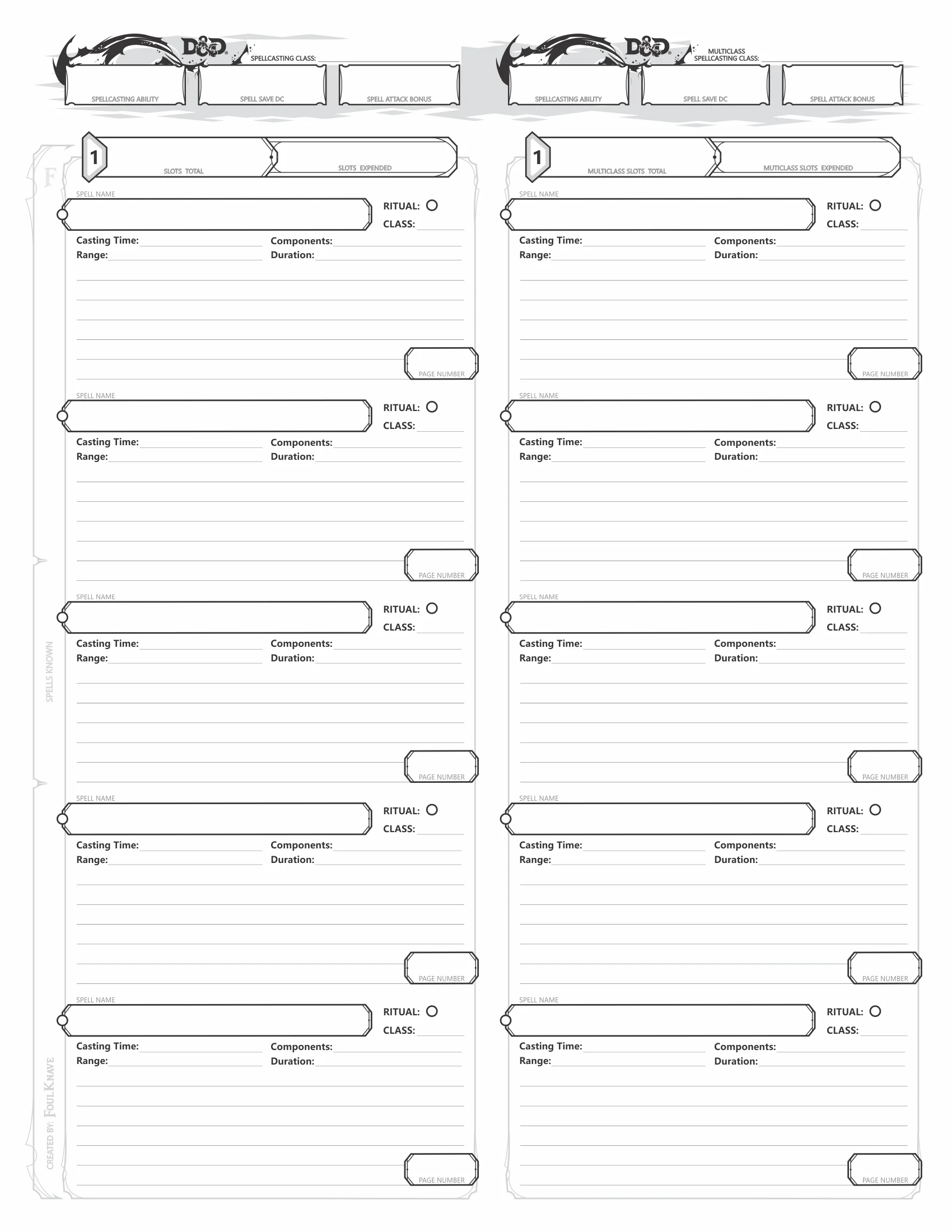 D&D 5e Spell Sheet Printable
