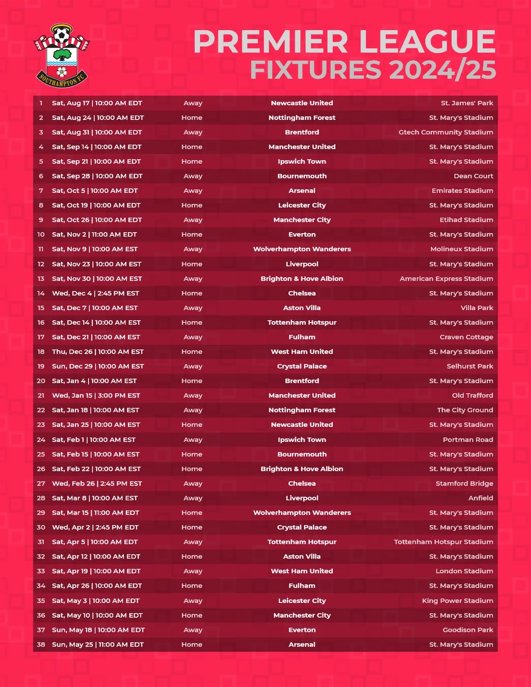 Customize And Download The Premier League 2024 25 Schedule Poster For Southampton Soccer fixtures R SaintsFC Customize And Download The Premier League 2024 25 Schedule Poster For Southampton Soccer fixtures R SaintsFC