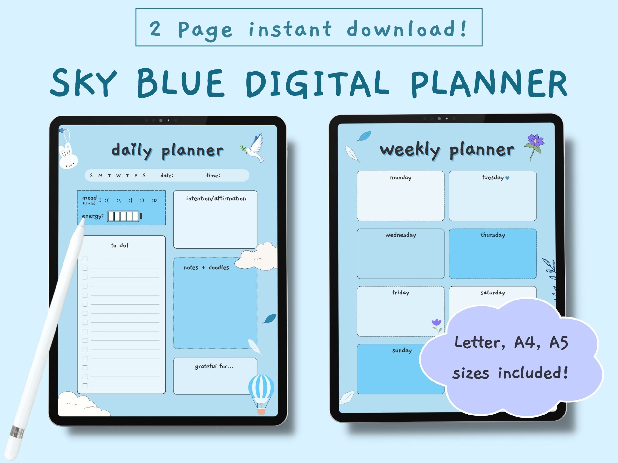 Cute Blue Digital Planner Sheets Kawaii Blue Daily Planner Cute Printable Planner Sky Blue Printable Planner Digital To Do List Etsy