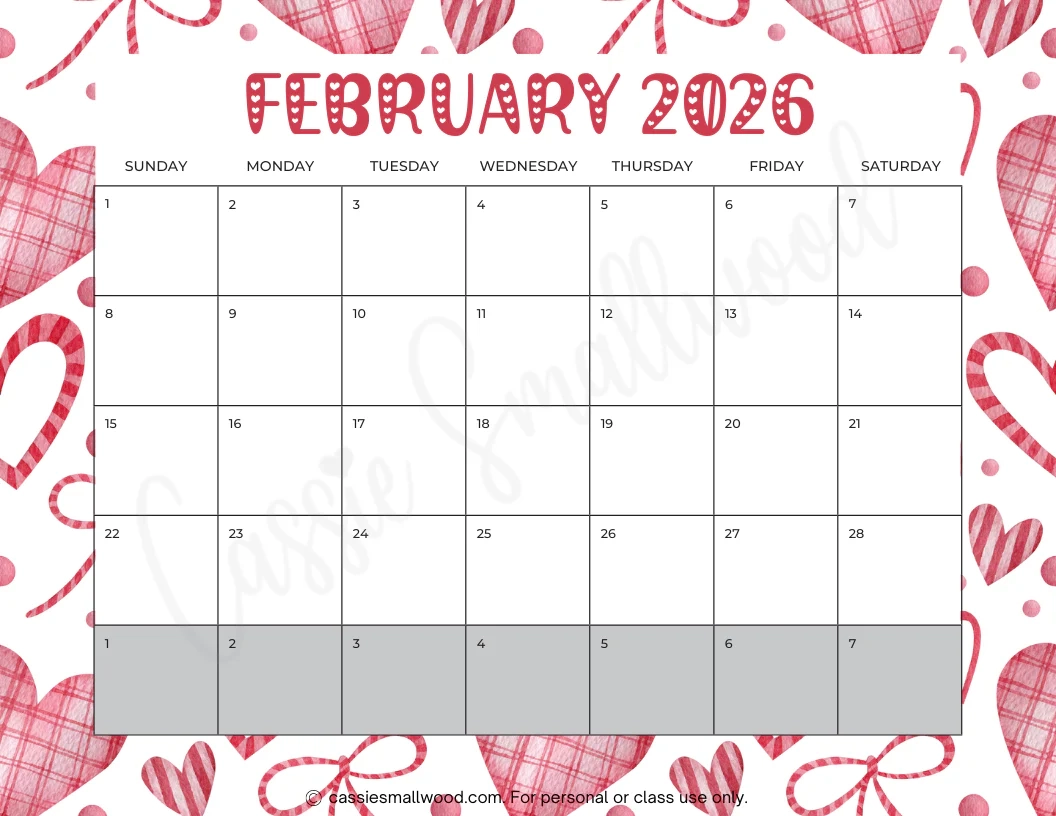 Cute Printable 2026 Monthly Calendar With Holidays Without Cassie Smallwood