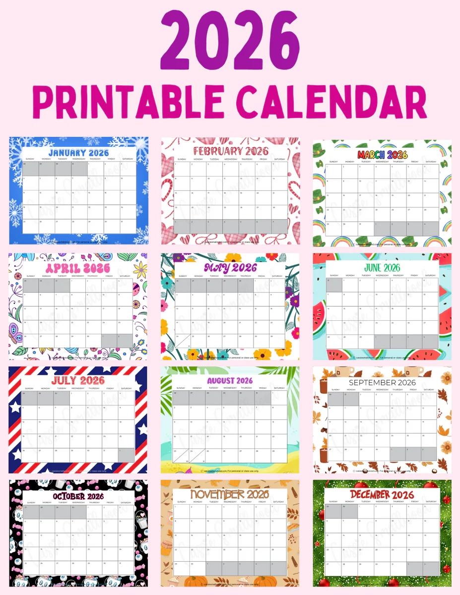 Cute Printable 2026 Monthly Calendar With Holidays Without Cassie Smallwood