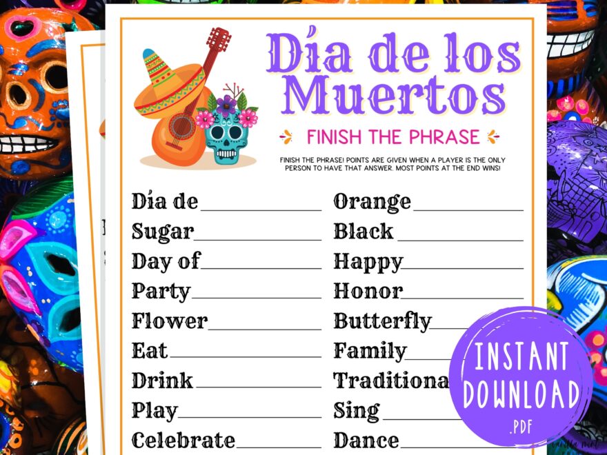 D a De Los Muertos Finish The Phrase Printable Day Of The Dead Party Game Fun Activities For Adults Kids Mexico Dia De Los Muertos Etsy