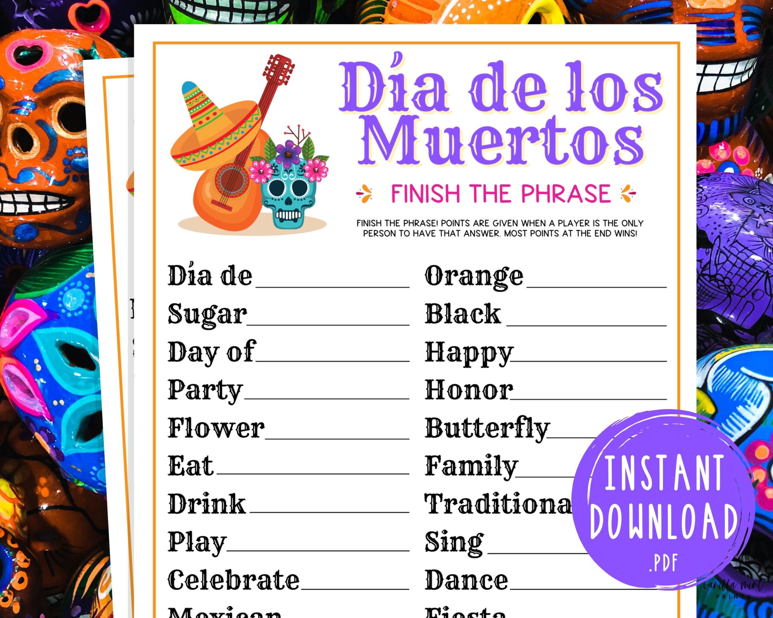 D a De Los Muertos Finish The Phrase Printable Day Of The Dead Party Game Fun Activities For Adults Kids Mexico Dia De Los Muertos Etsy