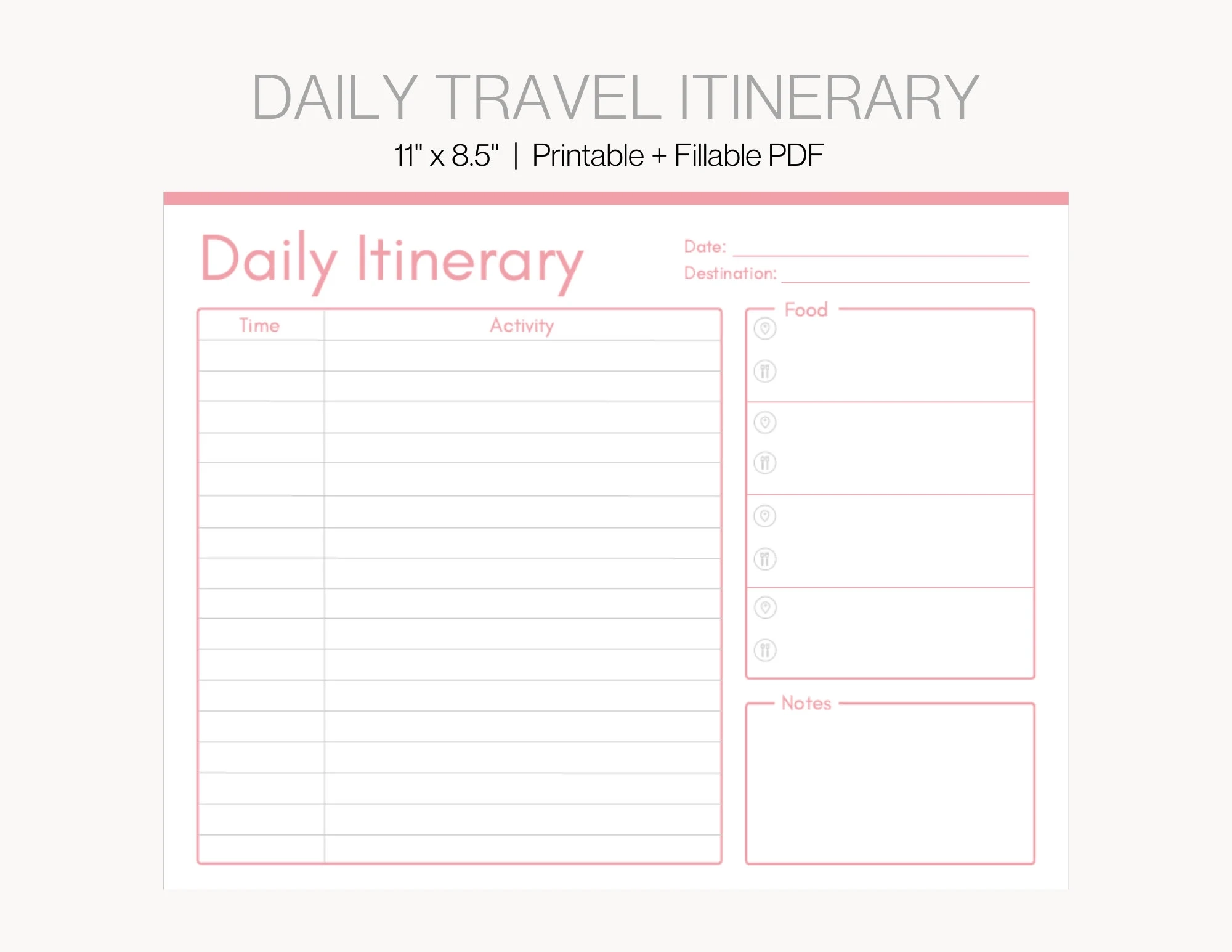 Daily Travel Itinerary Template Trip Itinerary Planner Printable Fillable Trip Planner Vacation Planner Fillable Light Pink Planner Etsy