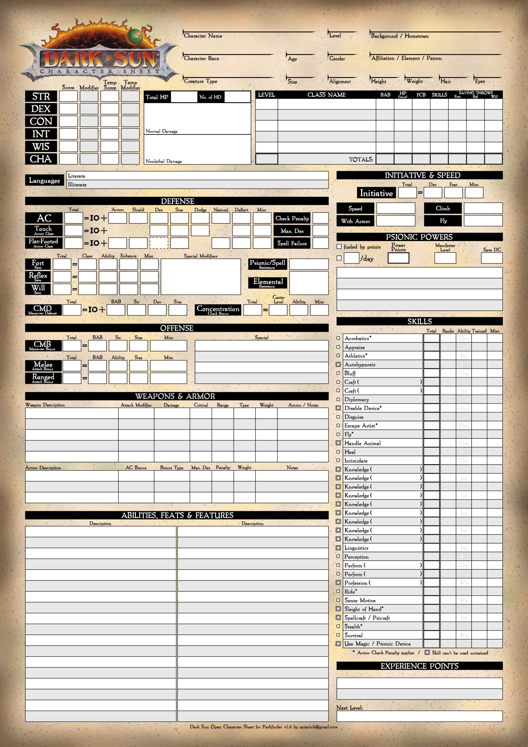 Neceros Pathfinder Character Sheet Printable