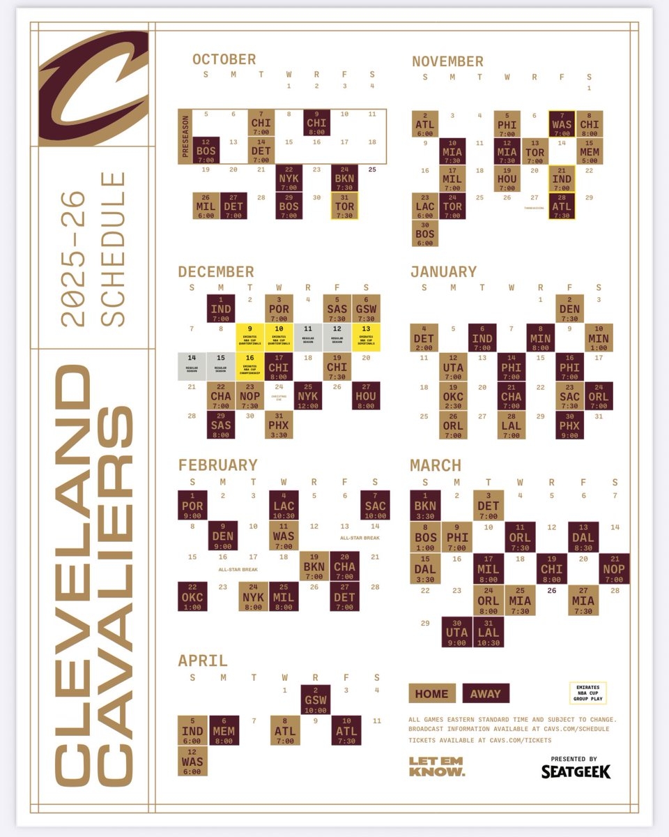 2026 Cavaliers Printable Schedule