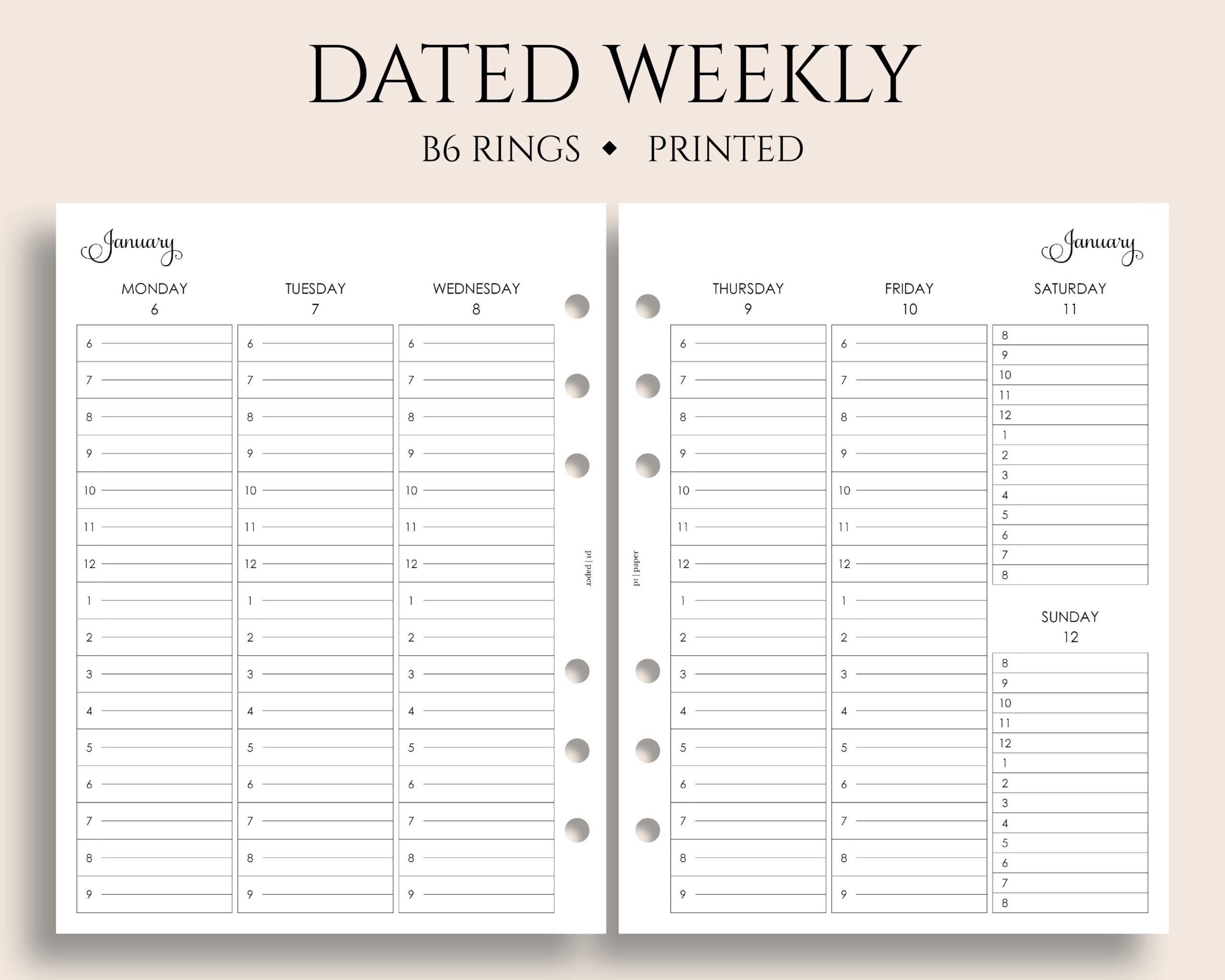 Dated Weekly Planner Inserts B6 Planner 6 ring Vertical Timed Hourly Layout Week On Two Pages WO2P 5 3 X 7 Etsy