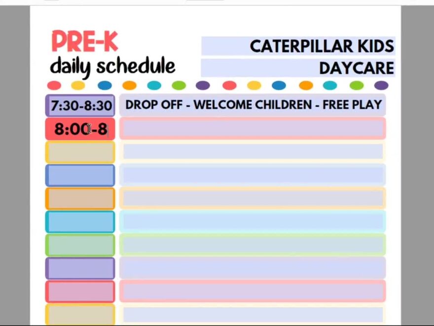 Daycare Daily Schedule For Pre k Printable Child Care Fillable PDF Etsy