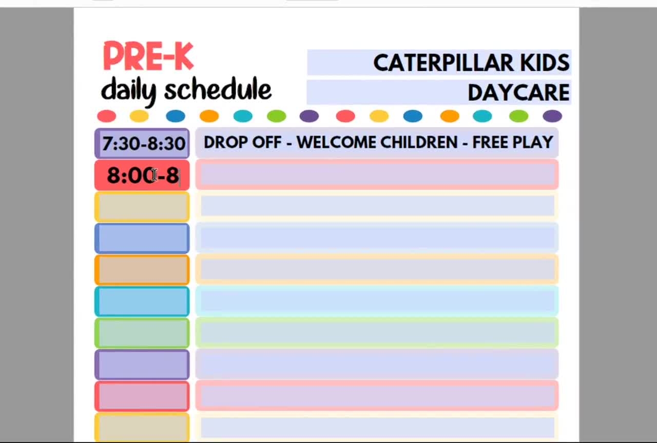 Daycare Daily Schedule For Pre k Printable Child Care Fillable PDF Etsy