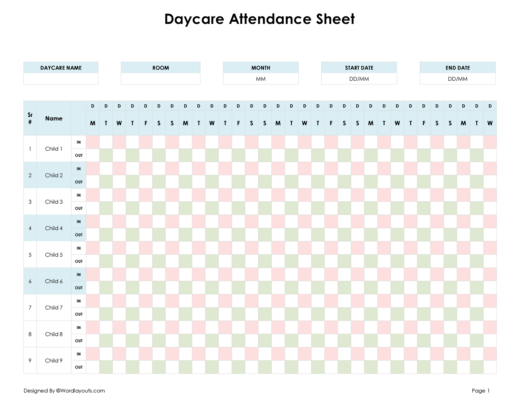 Daycare Attendance Sheet Printable