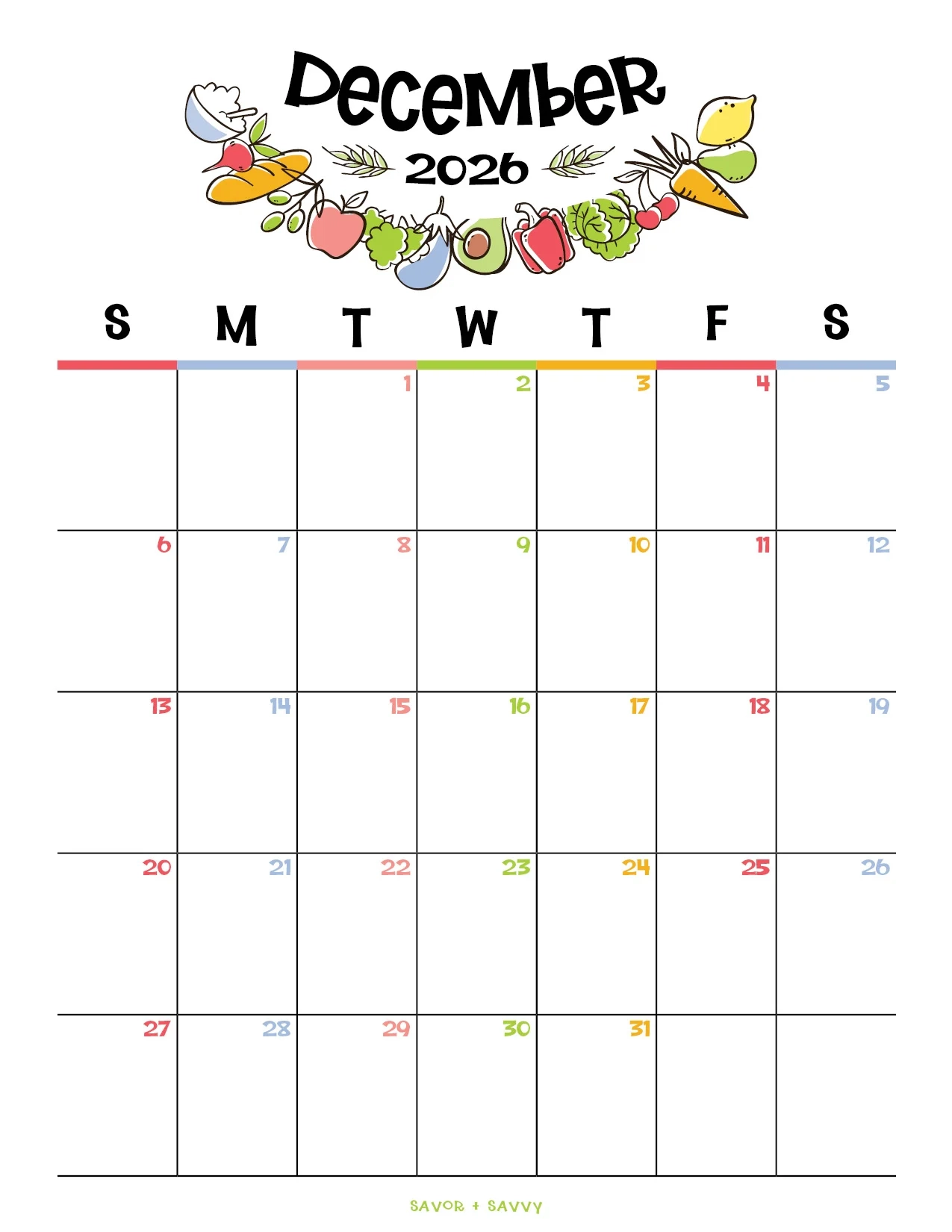 December 2026 Calendar Templates 14 Free Printables Savor Savvy