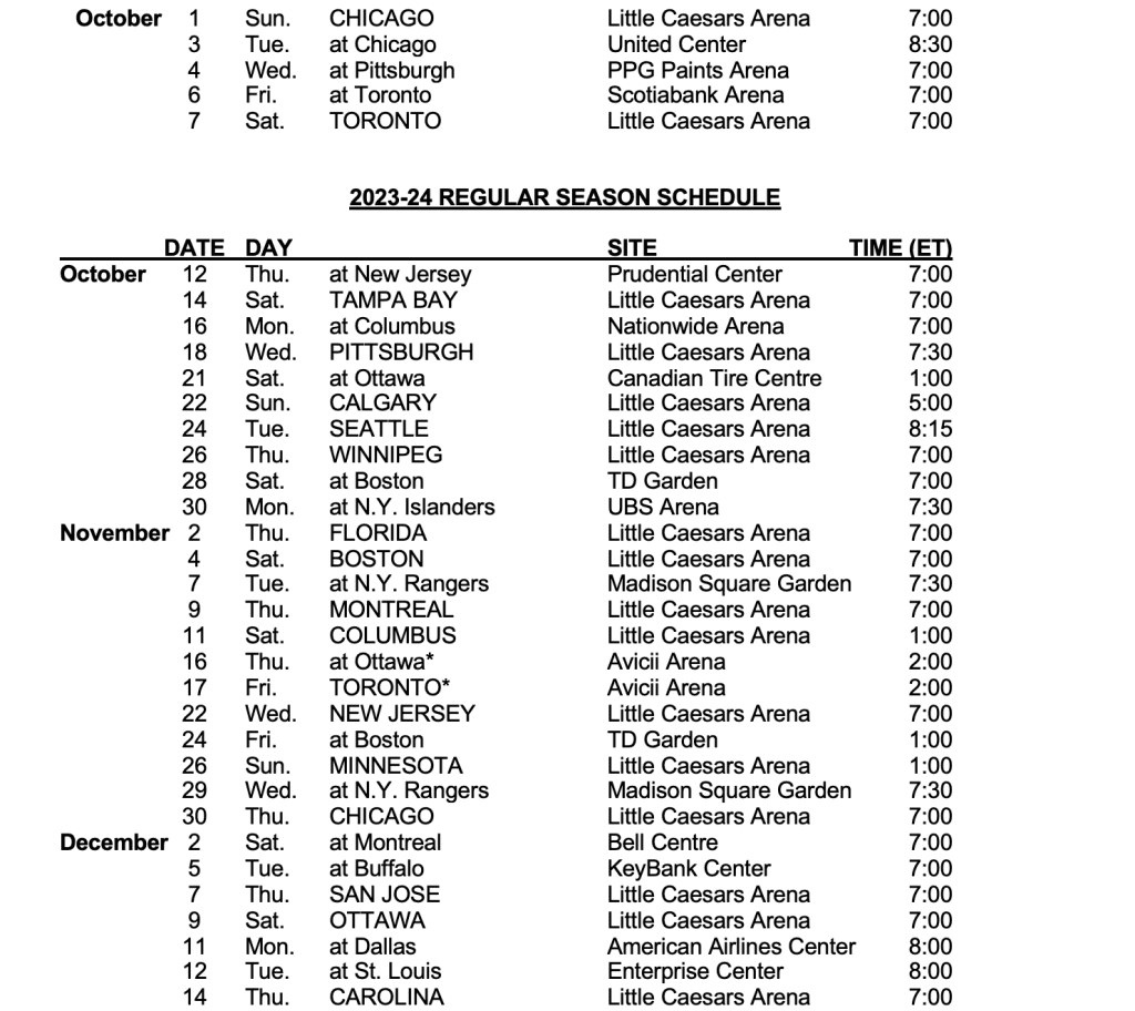 Detroit Red Wings Release 2023 24 Regular Season Schedule