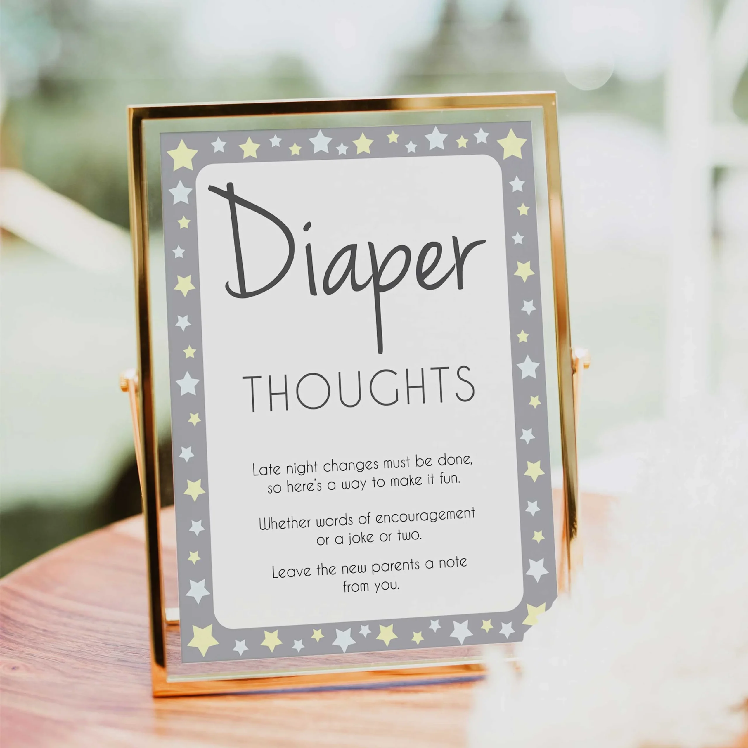 Diaper Thoughts Grey Yellow Stars Printable Baby Shower Games OhHappyPrintables